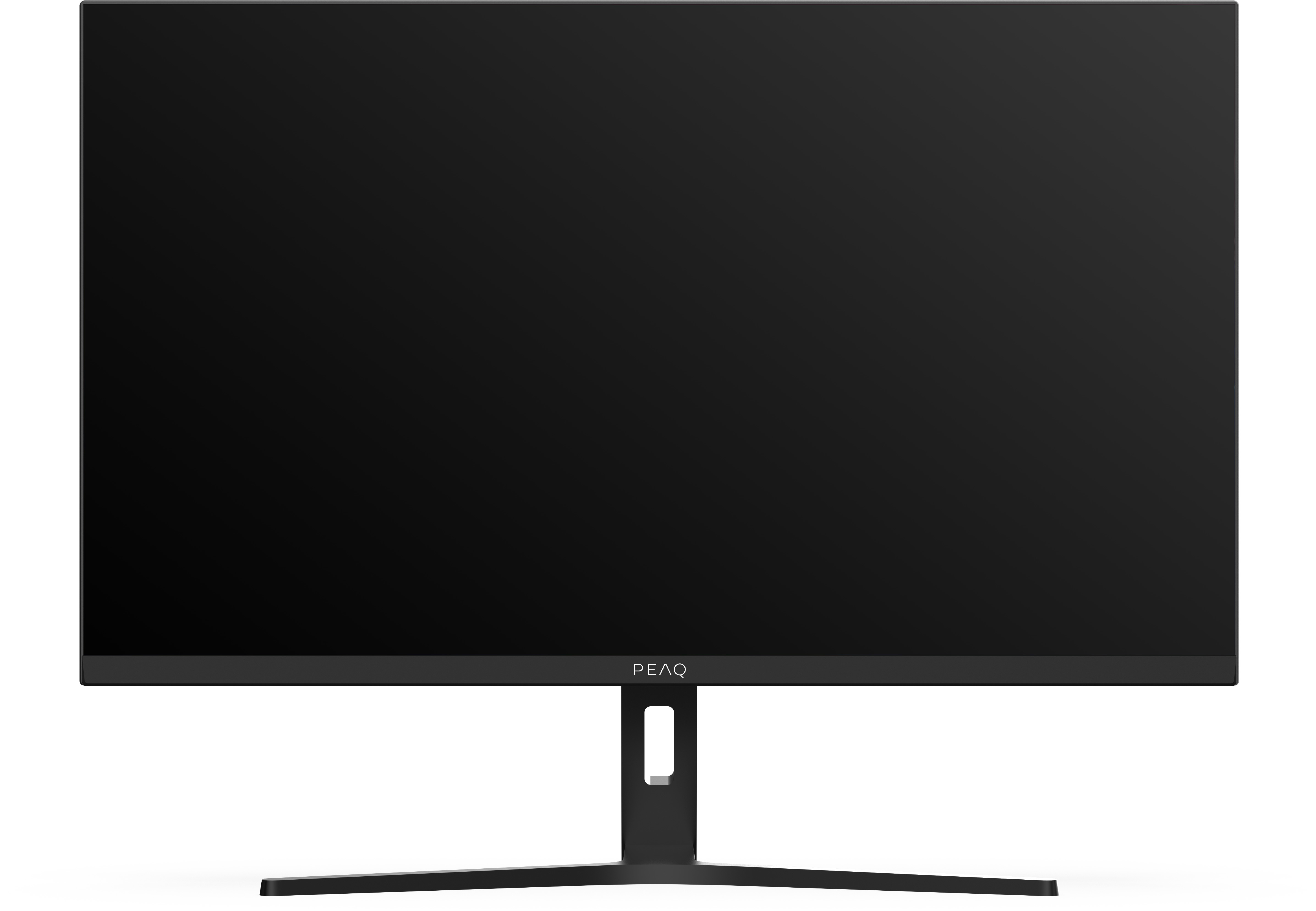 Un moniteur noir avec un support élégant et le logo PEAQ.