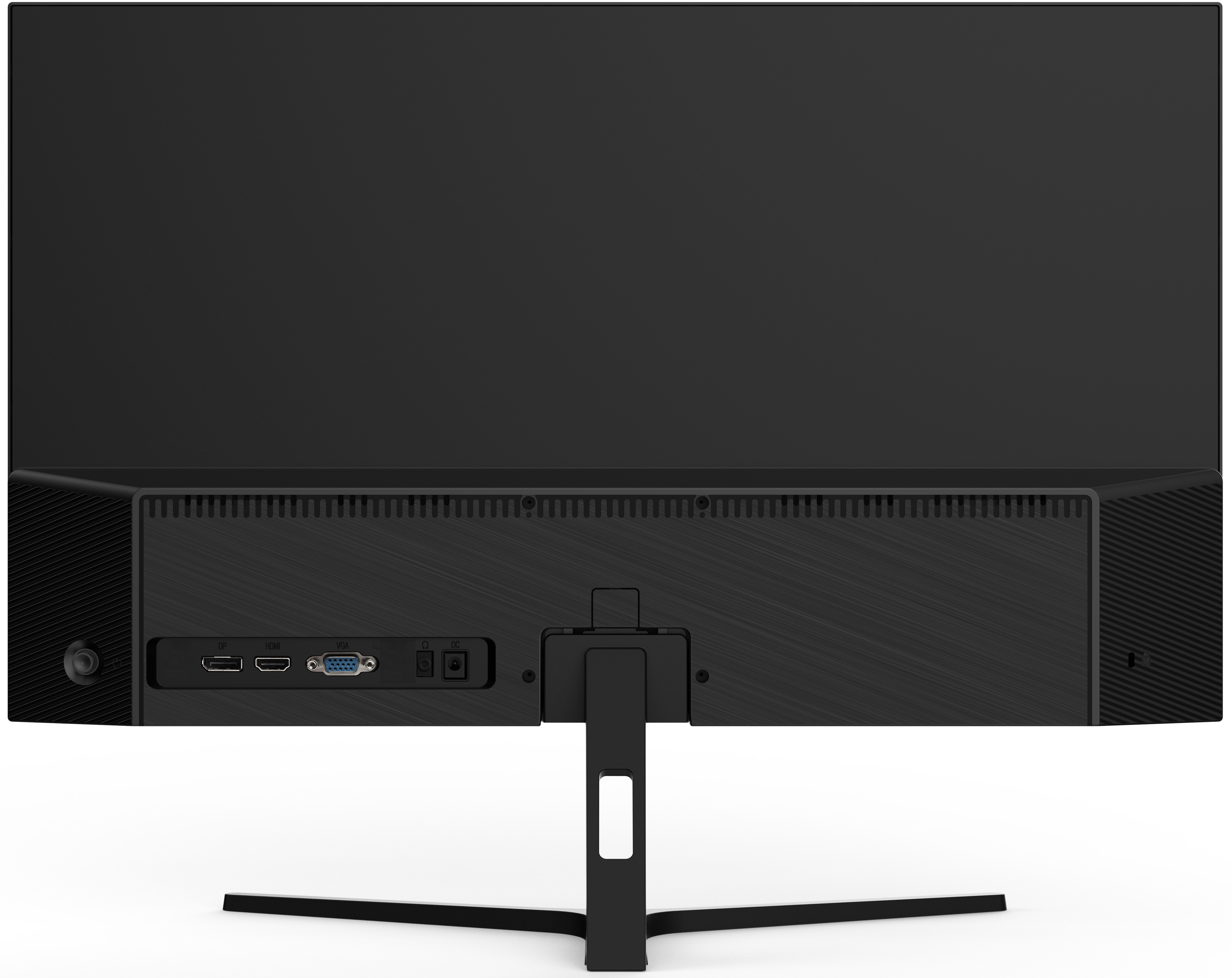Arrière d'un moniteur noir montrant les ports : DP, HDMI, VGA, DC.
