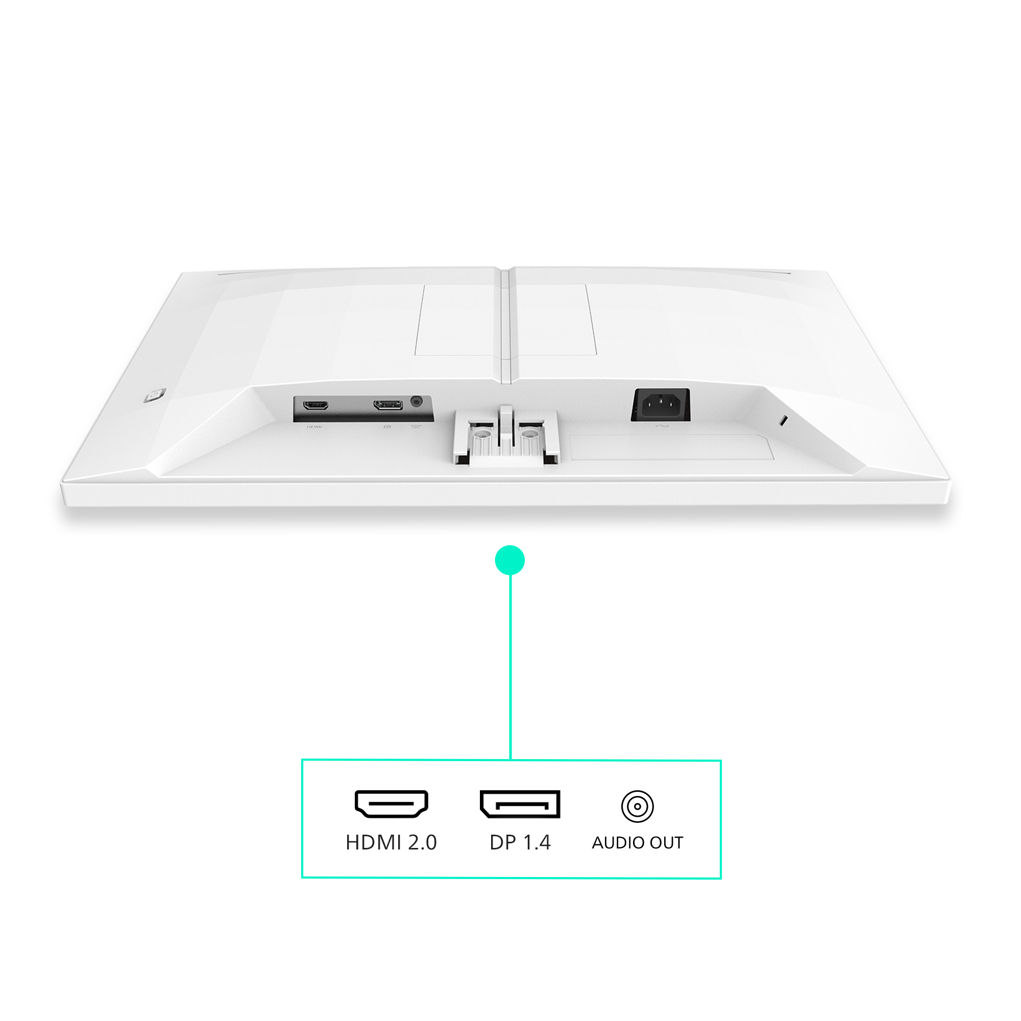 Rückseite eines weißen Monitors mit HDMI-, DP- und Audioausgangsanschlüssen.