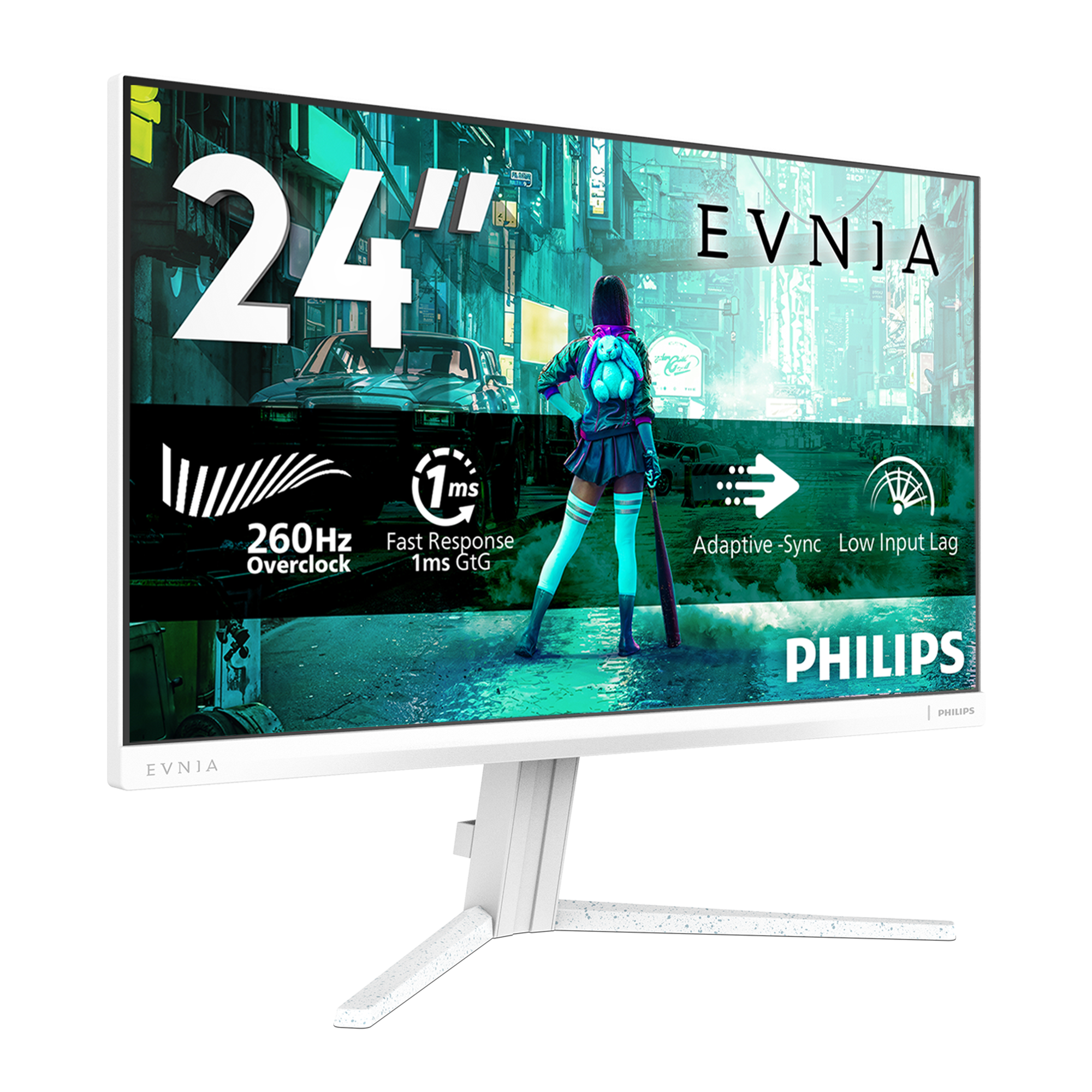 24-Zoll-Monitor mit Gaming-Motiv: Frau mit Baseballschläger, Auto, Neonstadt.