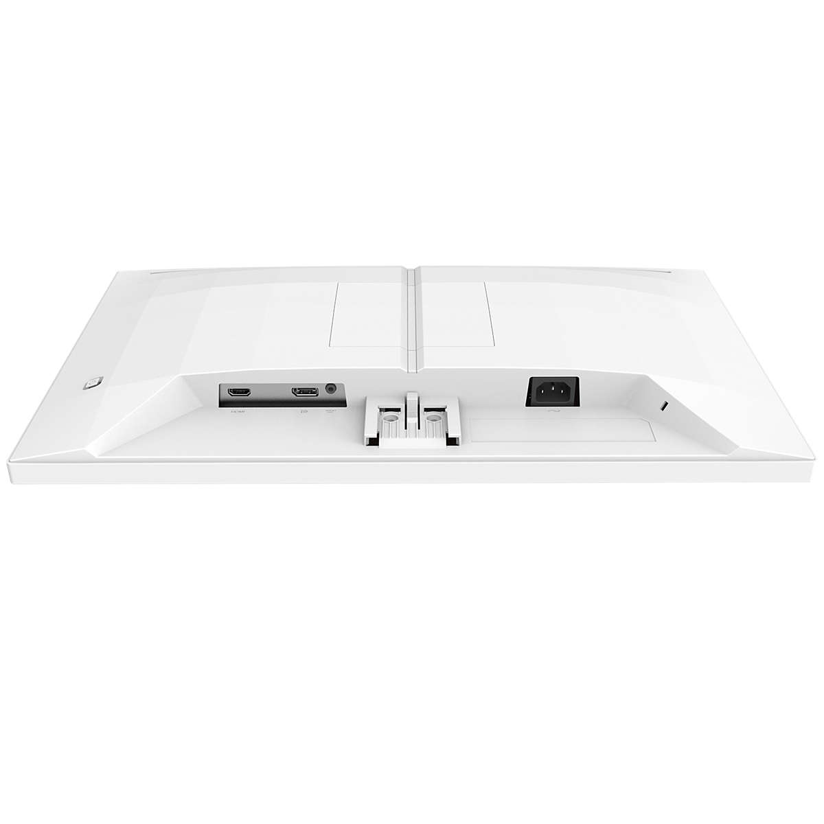 Rückseite eines weißen Monitors mit Anschlüssen wie HDMI und Strom.