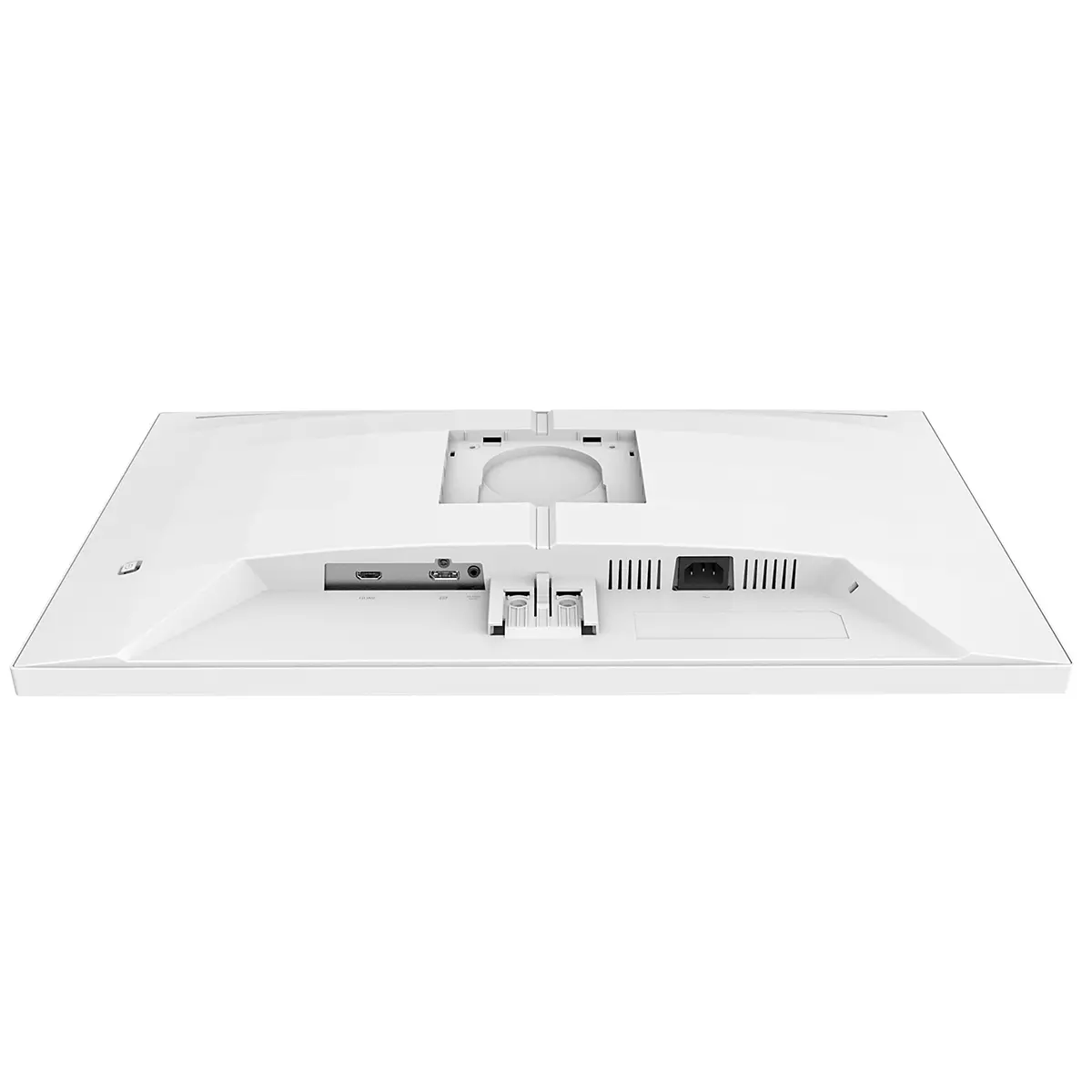 Weiße Monitor-Rückansicht: HDMI-, USB-, Stromanschlüsse und Lüftungsschlitze.