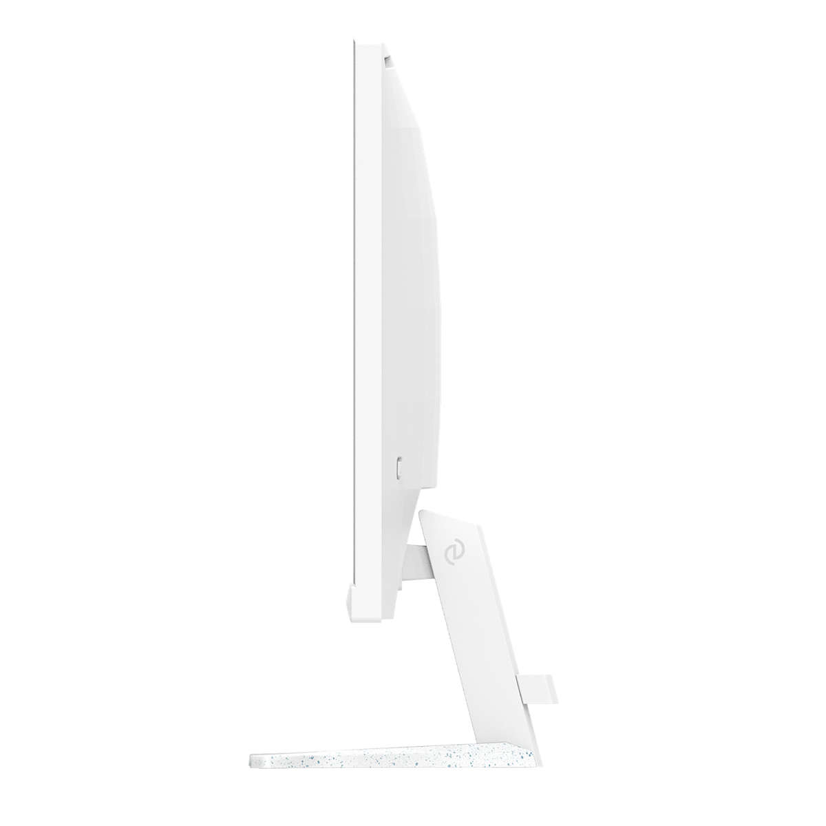 Ein weißer Computermonitor mit einem schlanken Design, von der Seite gesehen, auf weißem Hintergrund.