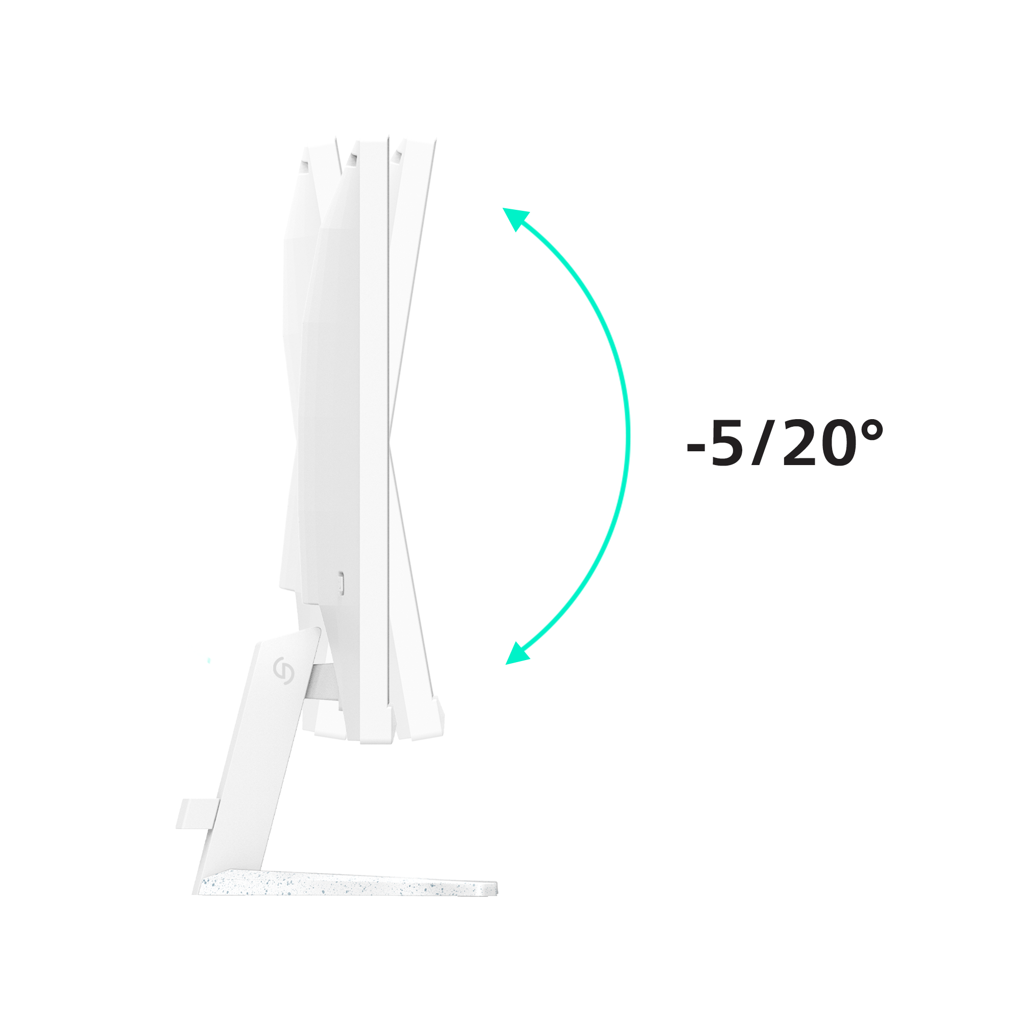 Ein weißer Monitorständer mit Neigungsanzeige von -5/20 Grad.