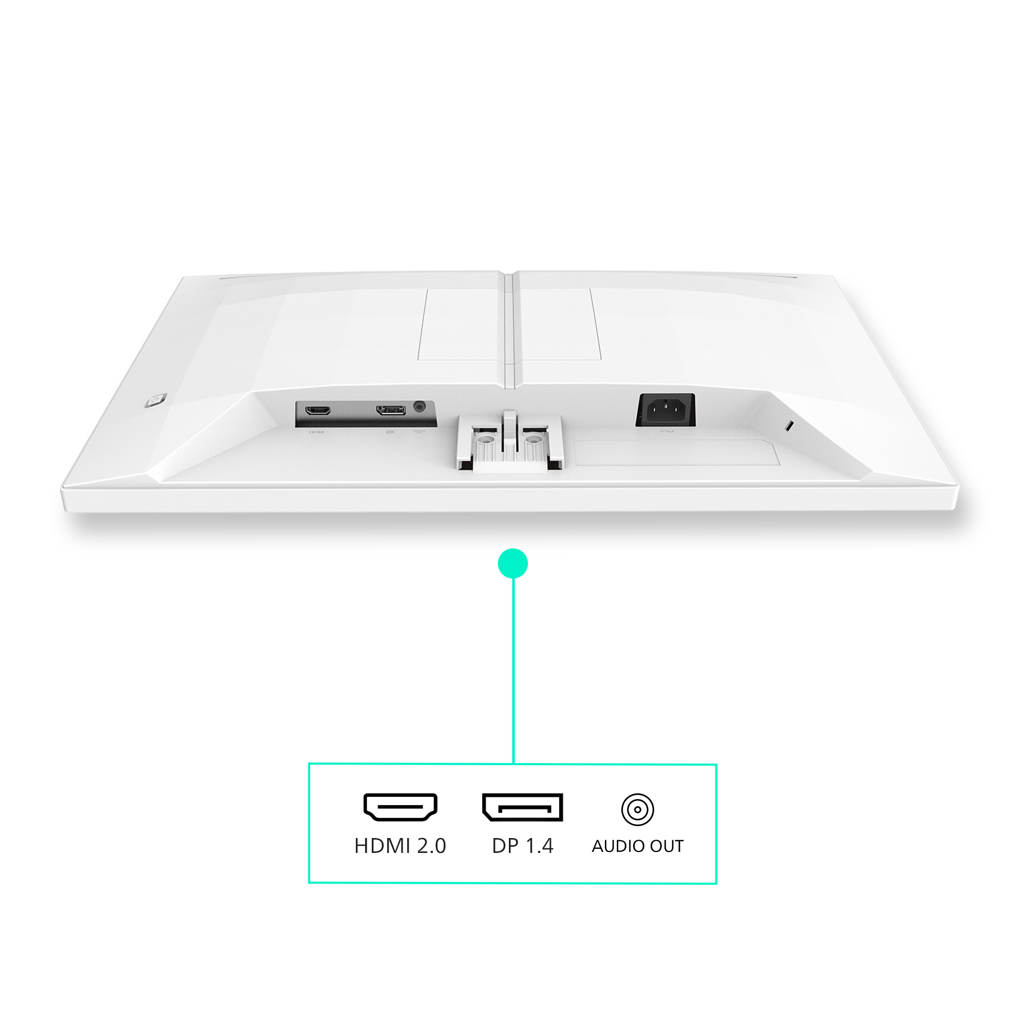 Rückseite eines weißen Monitors mit Anschlüssen: HDMI 2.0, DP 1.4 und Audio Out.