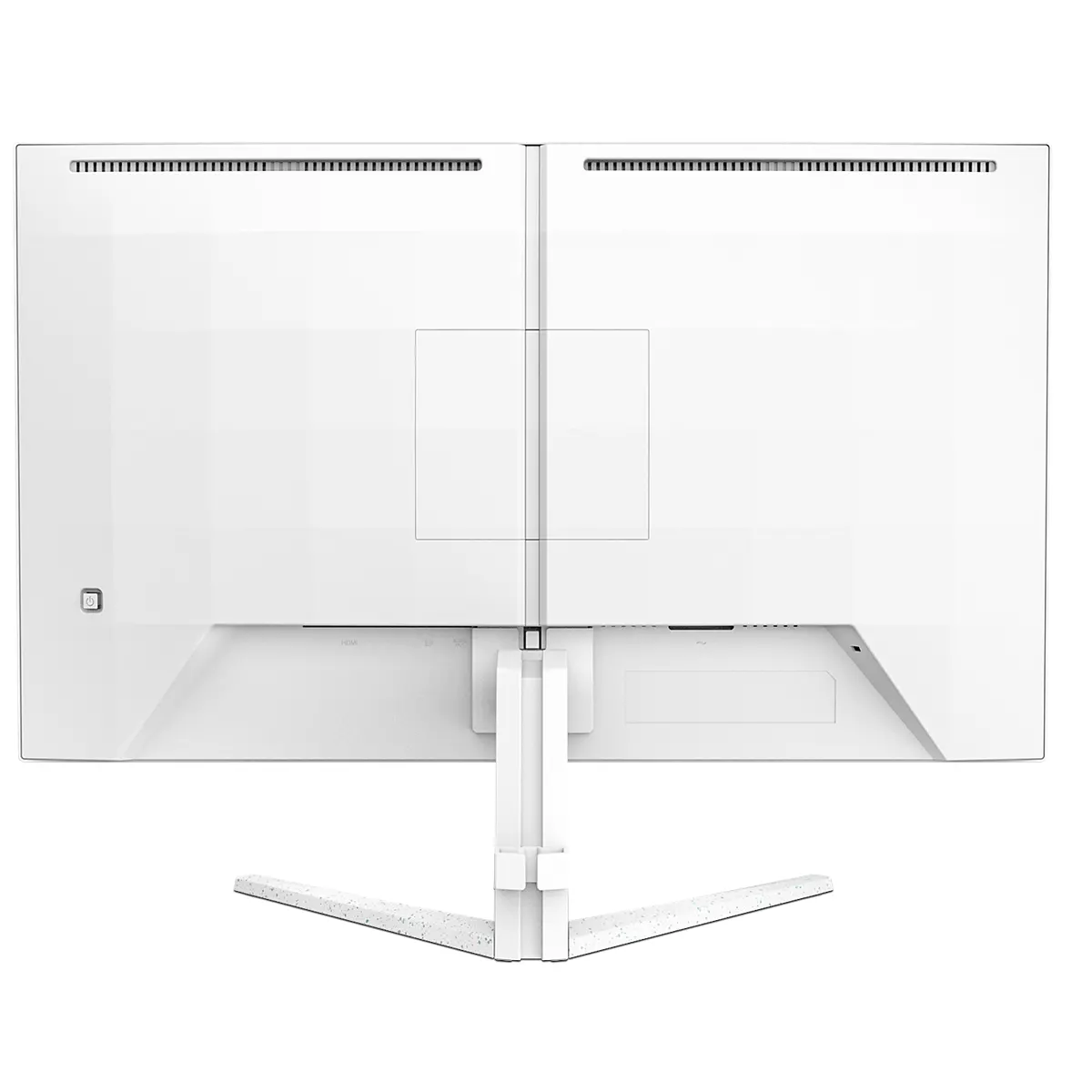 Weiße Monitorrückseite mit Anschlüssen und dreieckigem Ständer.