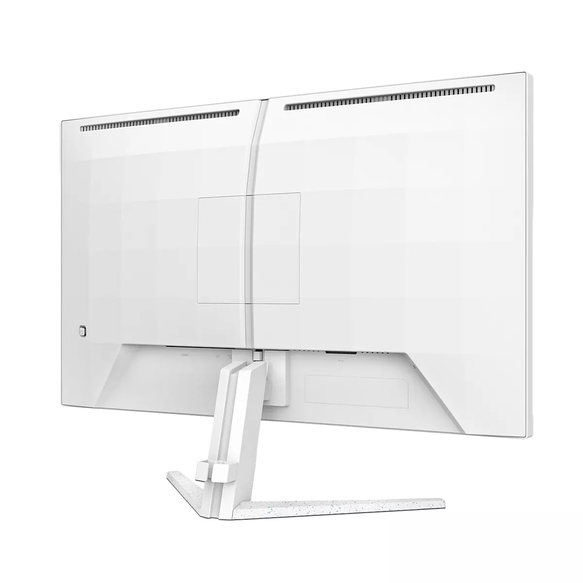 Rückseite eines weißen Monitors mit Ständer und Lüftungsschlitzen.