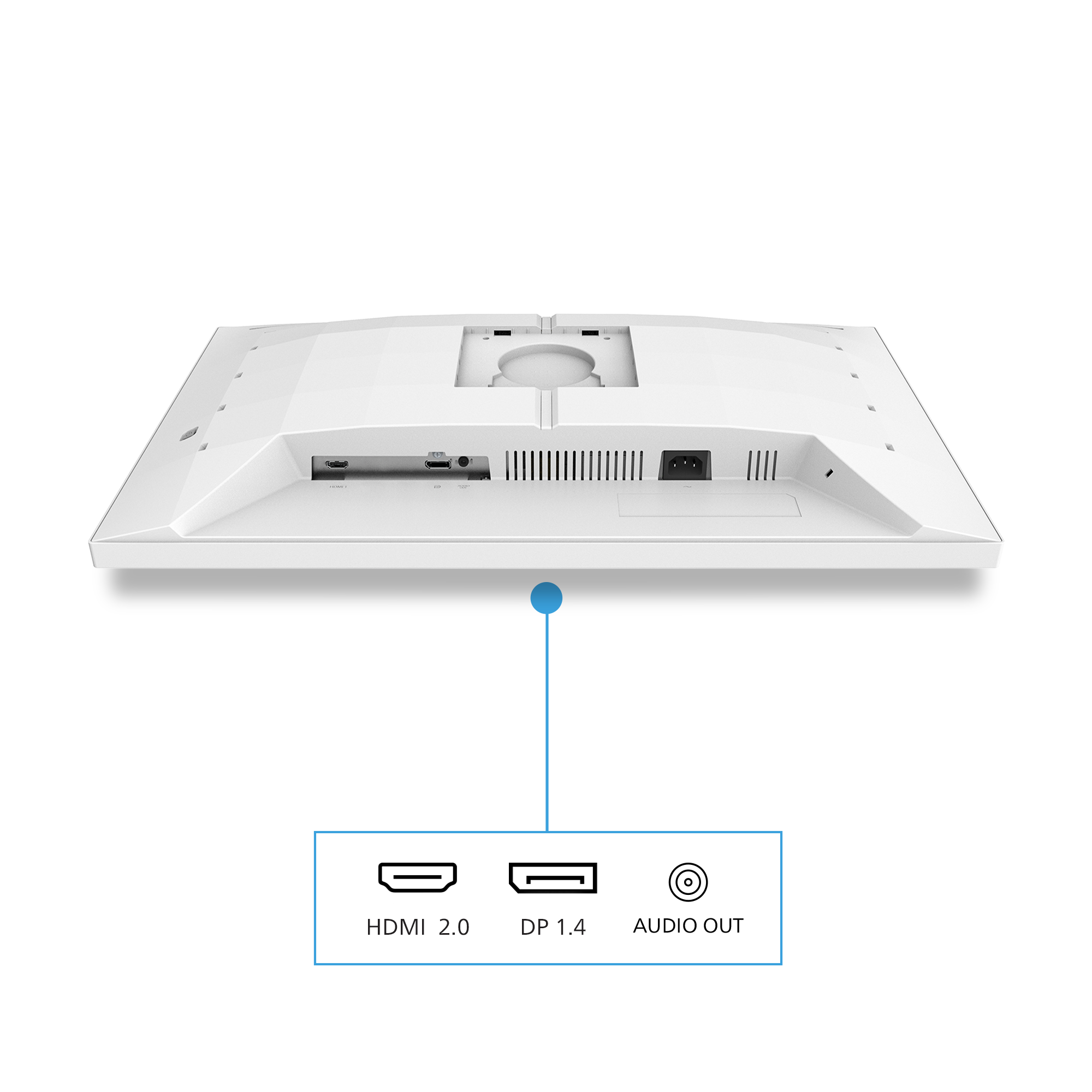 Rückseite eines weißen Monitors mit Anschlüssen: HDMI 2.0, DP 1.4, Audio Out.