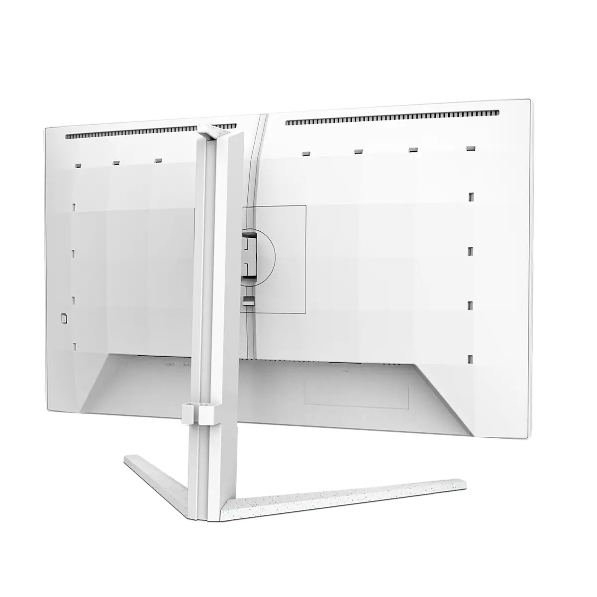 Rückseite eines weißen Monitors mit integriertem Ständer und Anschlüssen.
