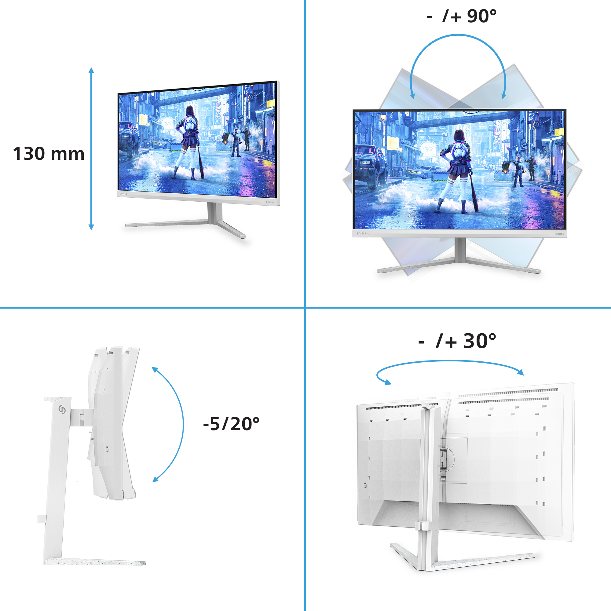Ein Monitor mit einem Ständer wird aus verschiedenen Blickwinkeln gezeigt.