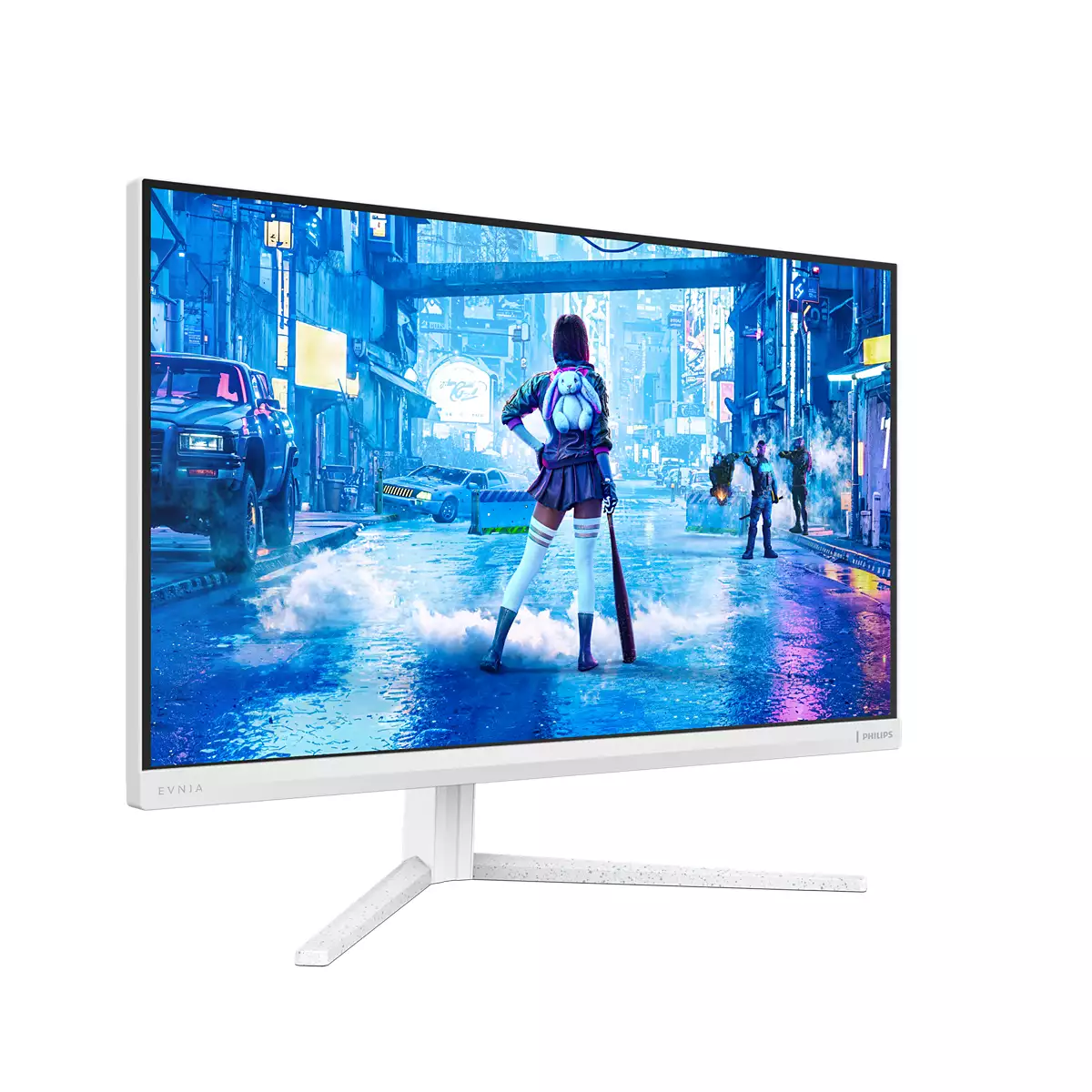 Monitor zeigt Cyberpunk-Szene mit Frau, die Baseballschläger hält.