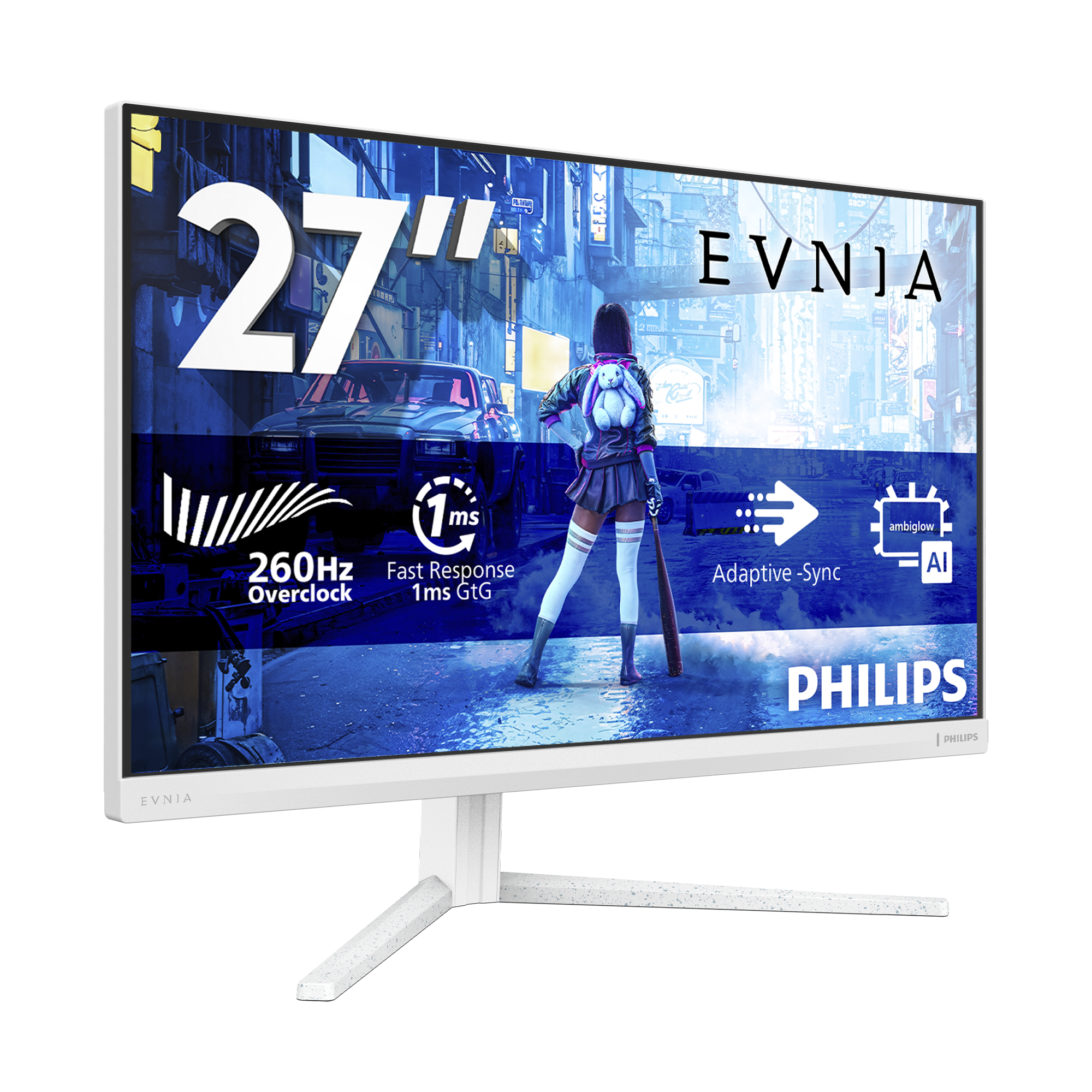 27" Philips Monitor mit Cyberpunk-Kunst, zeigt ein Mädchen mit Baseballschläger.