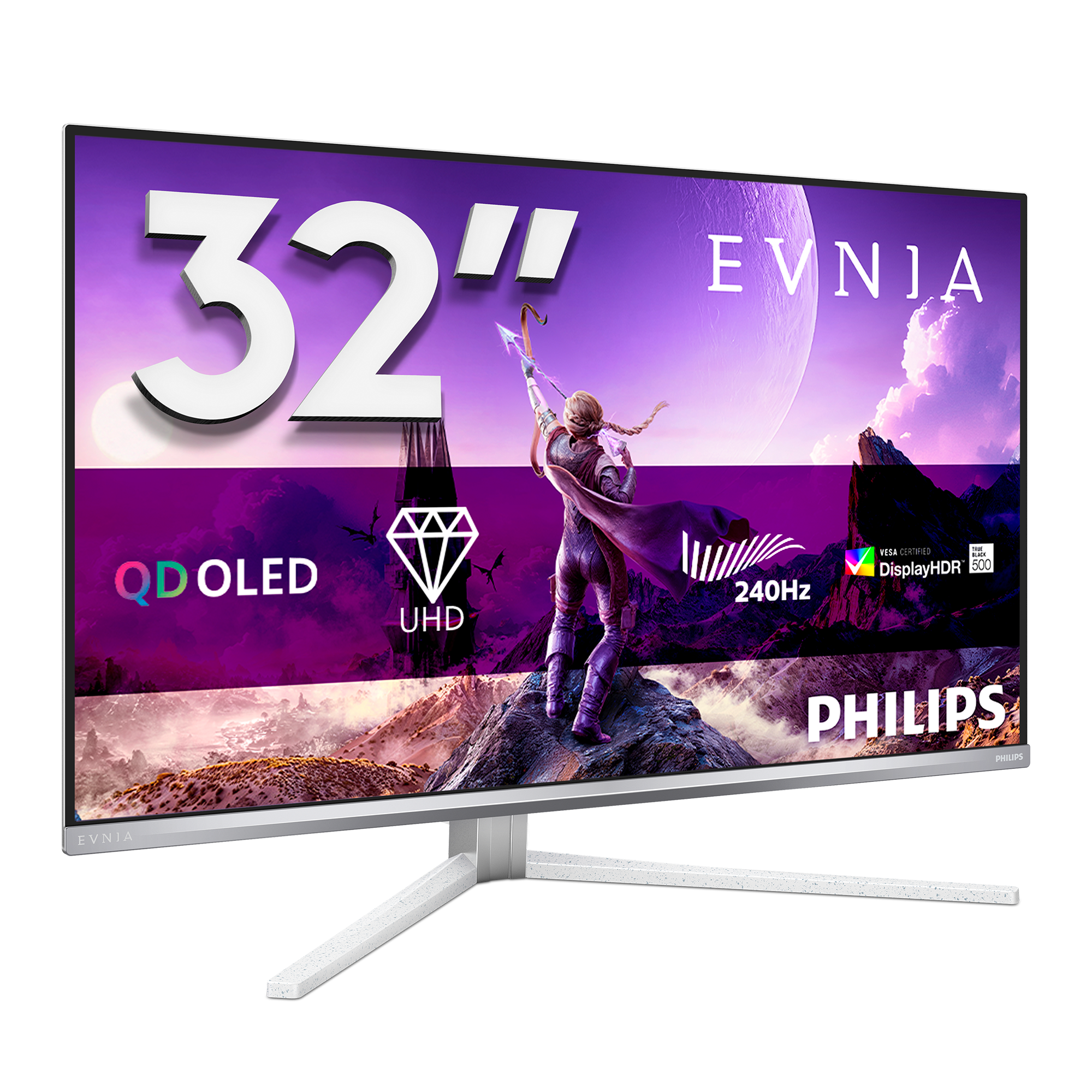 Ein 32-Zoll-Monitor mit einer Fantasiewelt-Grafik, die einen Krieger zeigt.