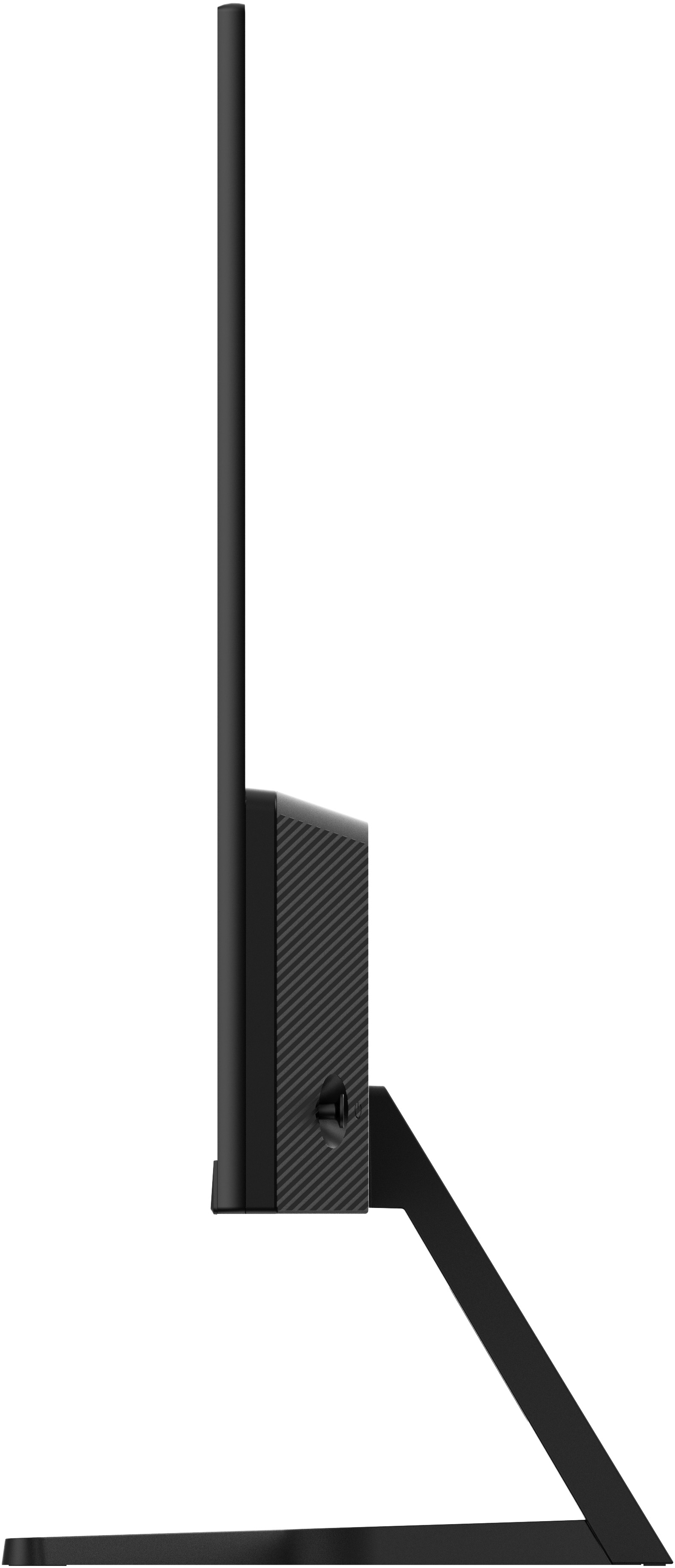 Support de moniteur noir avec texture nervurée et un bouton sur le côté.