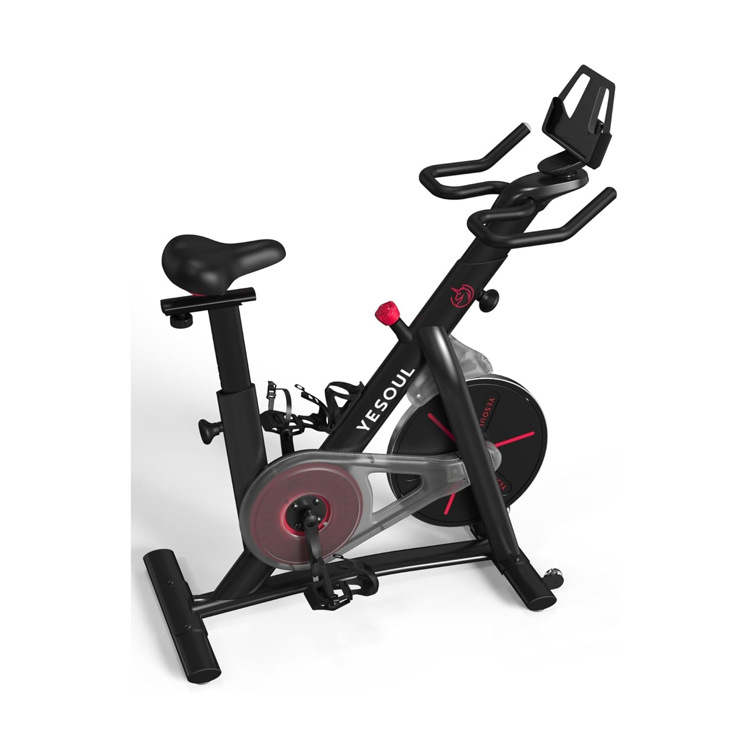 Cyclette da spinning nera con accenti rossi, manubrio largo e porta telefono.