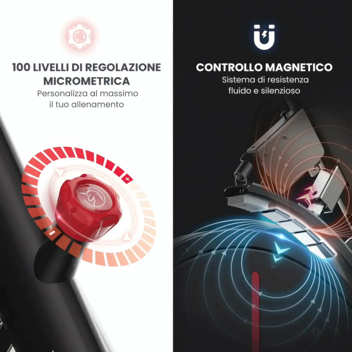 Dettaglio cyclette: Pomello rosso con scala e freno magnetico con diagramma di flusso.