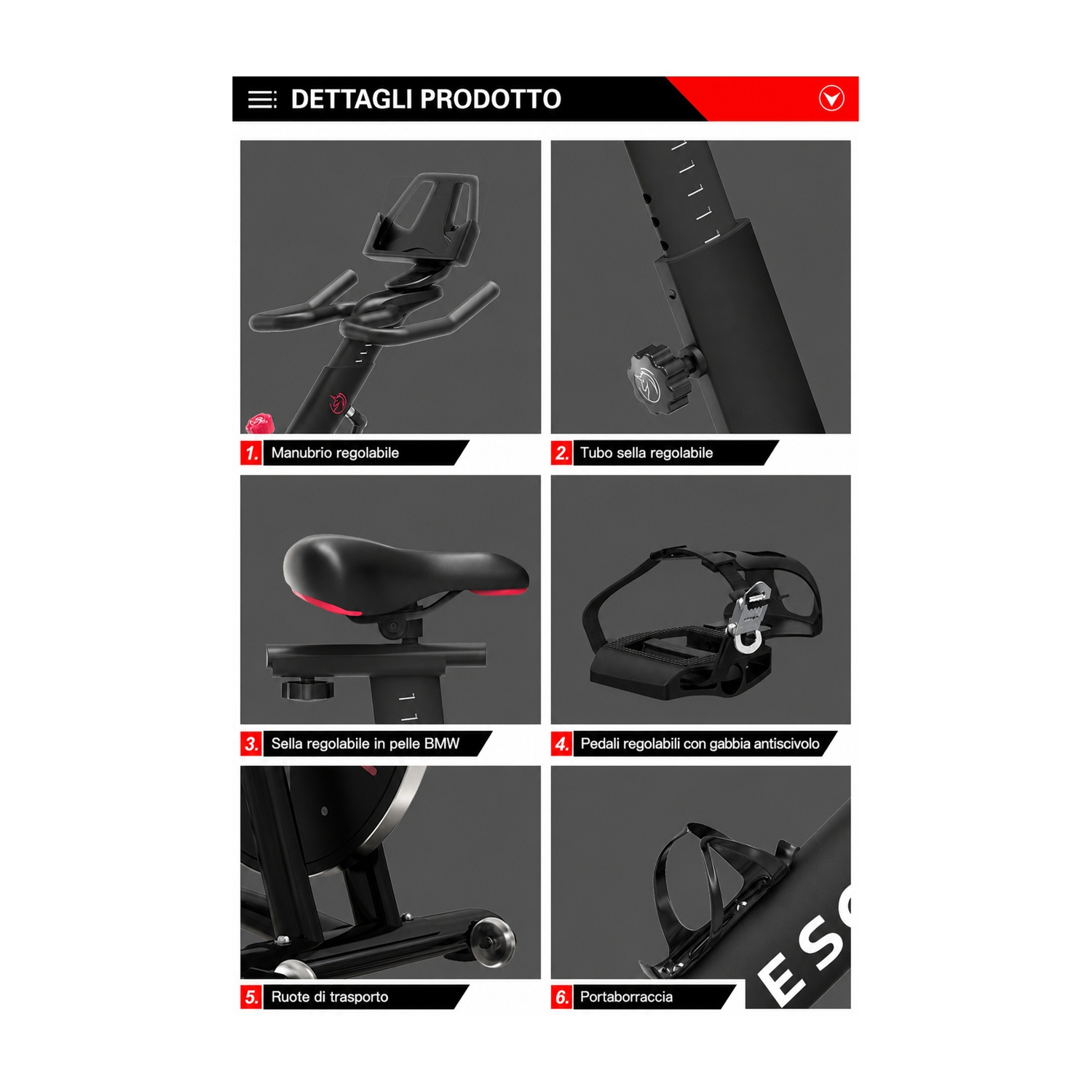Dettagli di una cyclette nera: manubrio, reggisella, sella, pedali, ruote, portaborraccia.