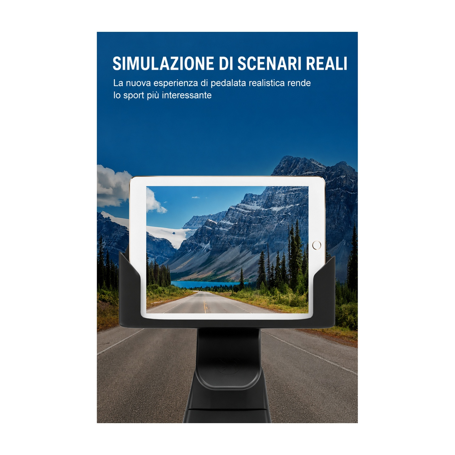Tablet mostra paesaggio montano con lago e strada. Accessorio rulli bici.