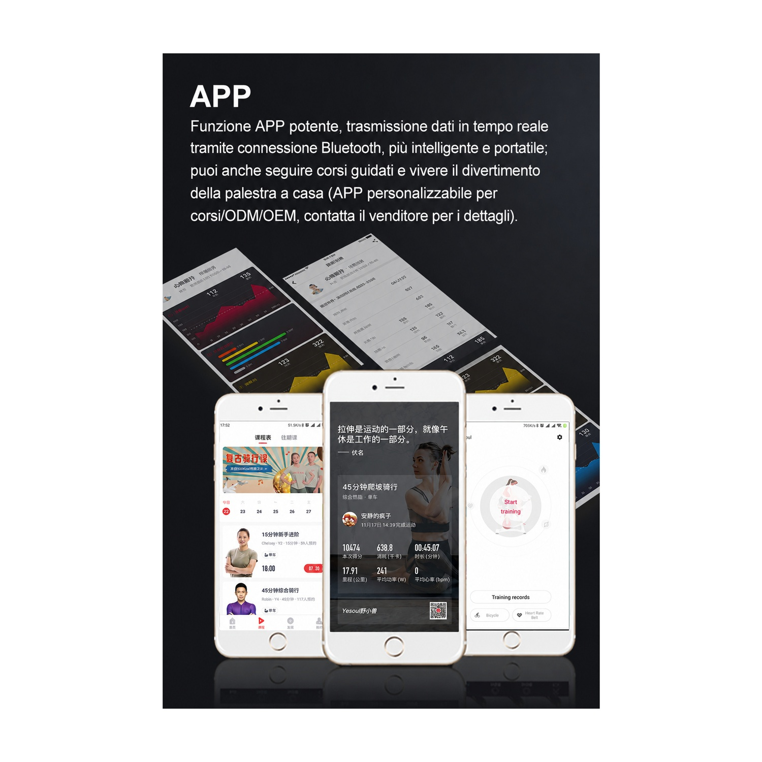 Screenshot di un'app fitness con dati di allenamento e corsi.