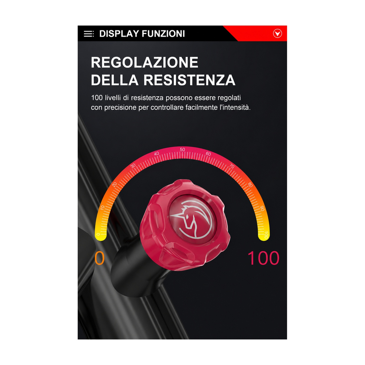 Una manopola rossa con scala 0-100 che mostra la regolazione della resistenza.