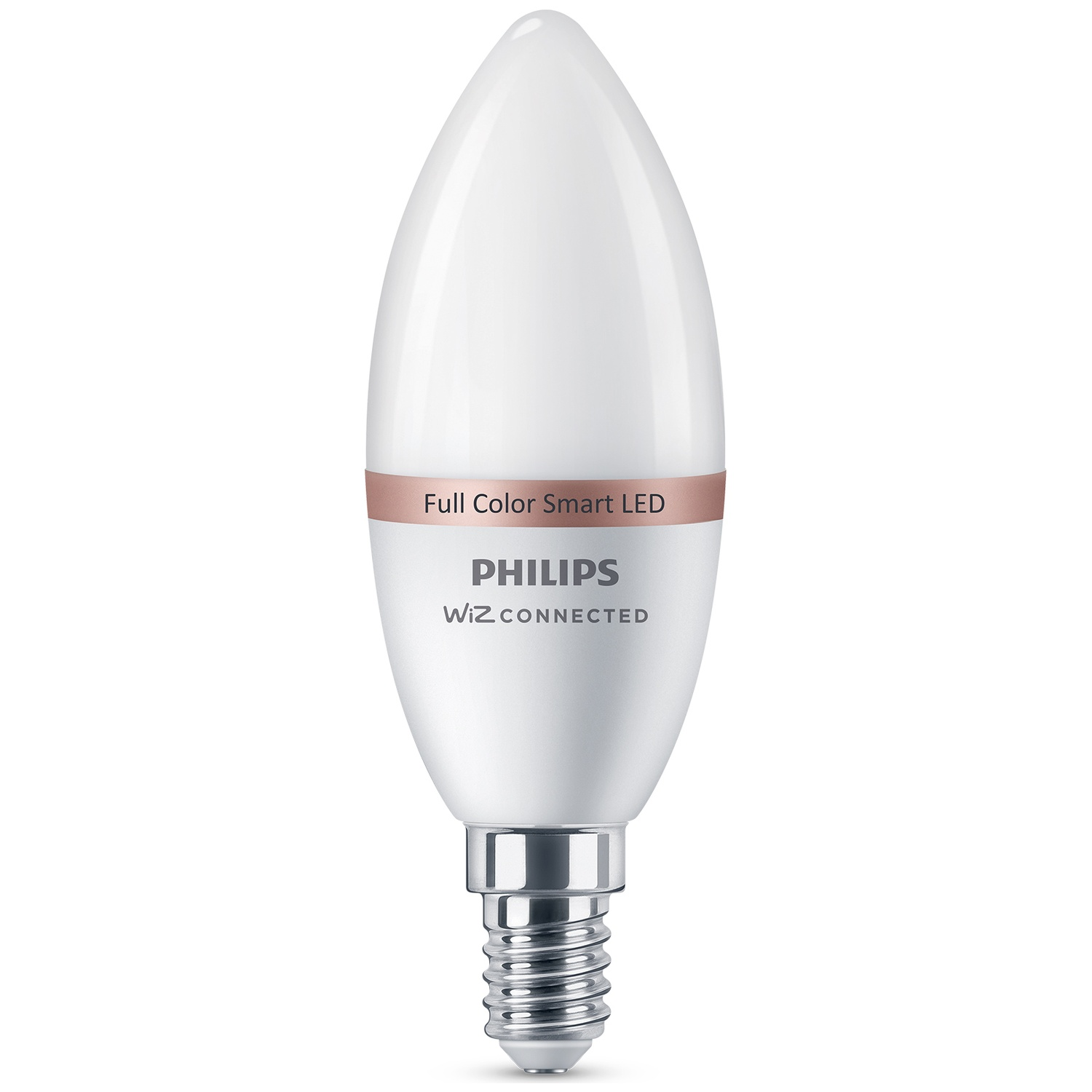 Ampoule LED blanche en forme de bougie avec logo Philips Wiz Connected et bande cuivre.