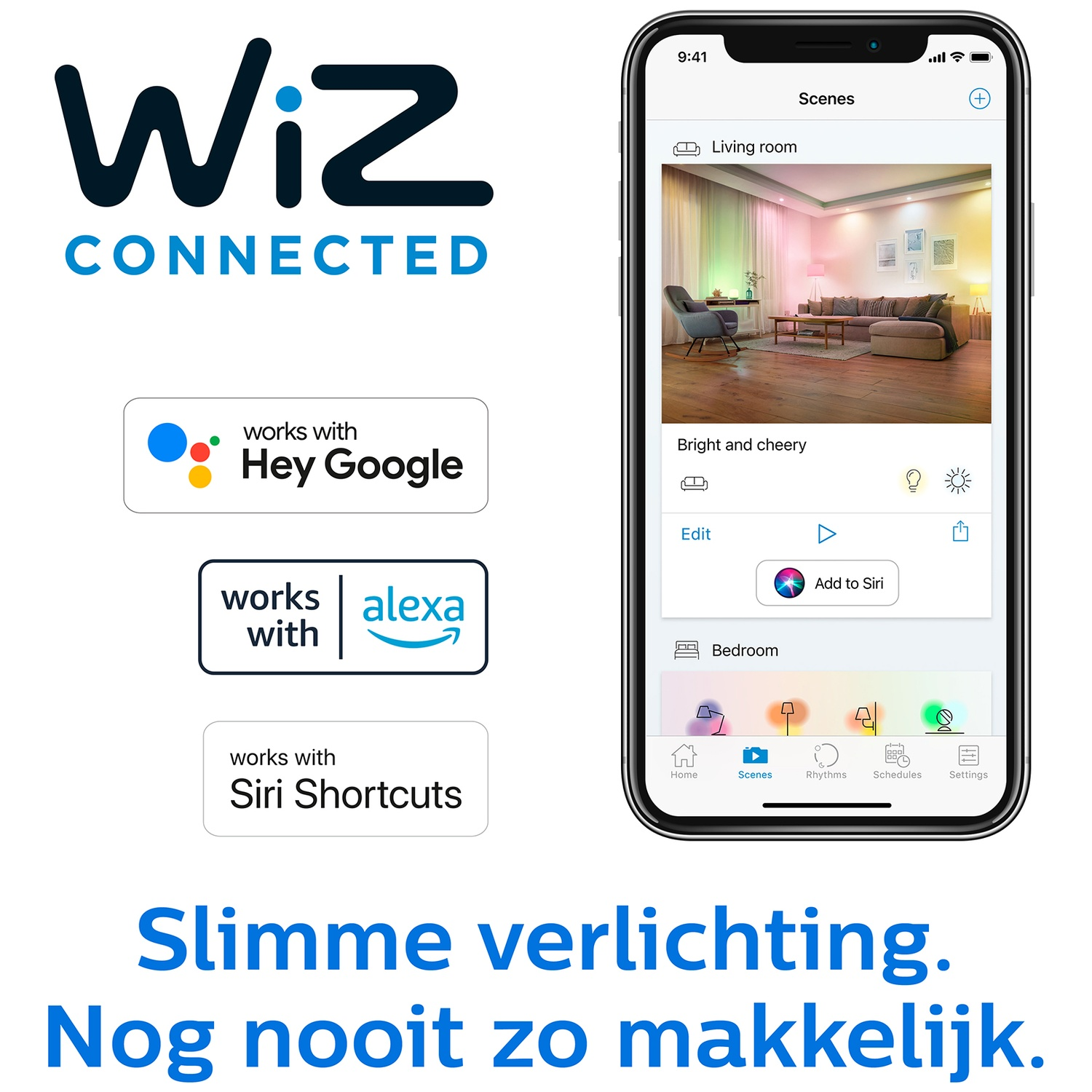 Logo Wiz Connected, logos d'assistants vocaux et scène d'application mobile.