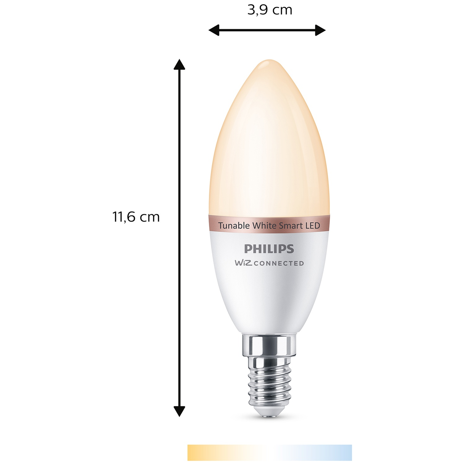 Een Philips Wiz Connected kaars smart LED lamp, 11,6 cm lang en 3,9 cm breed.