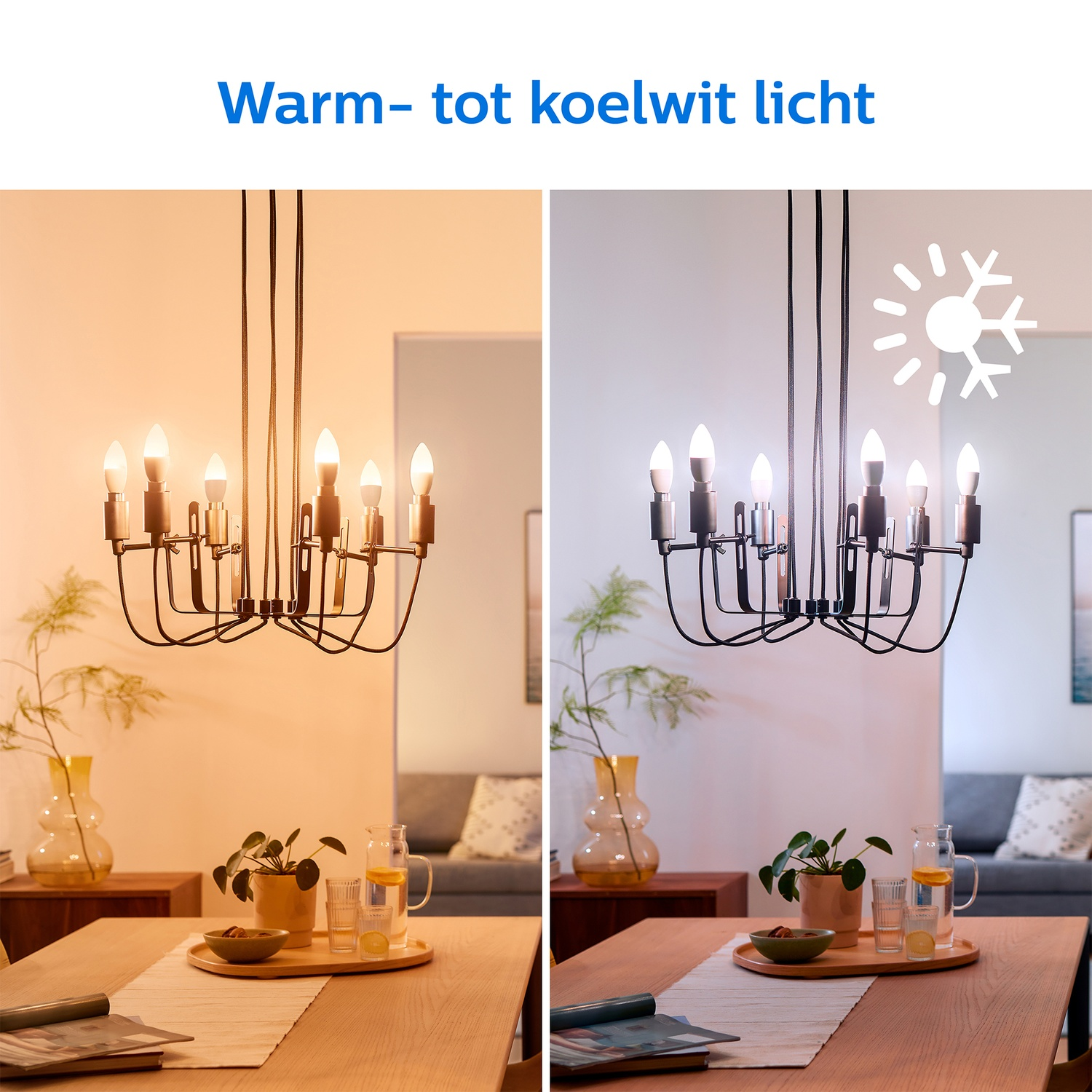 Een kroonluchter met warm en koel licht boven een eettafel.