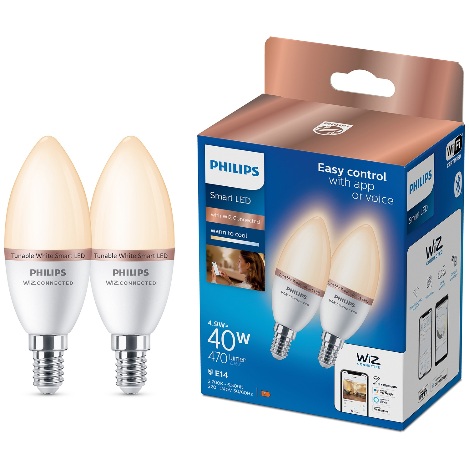 Twee Philips Smart LED kaarslampen naast een productdoos.