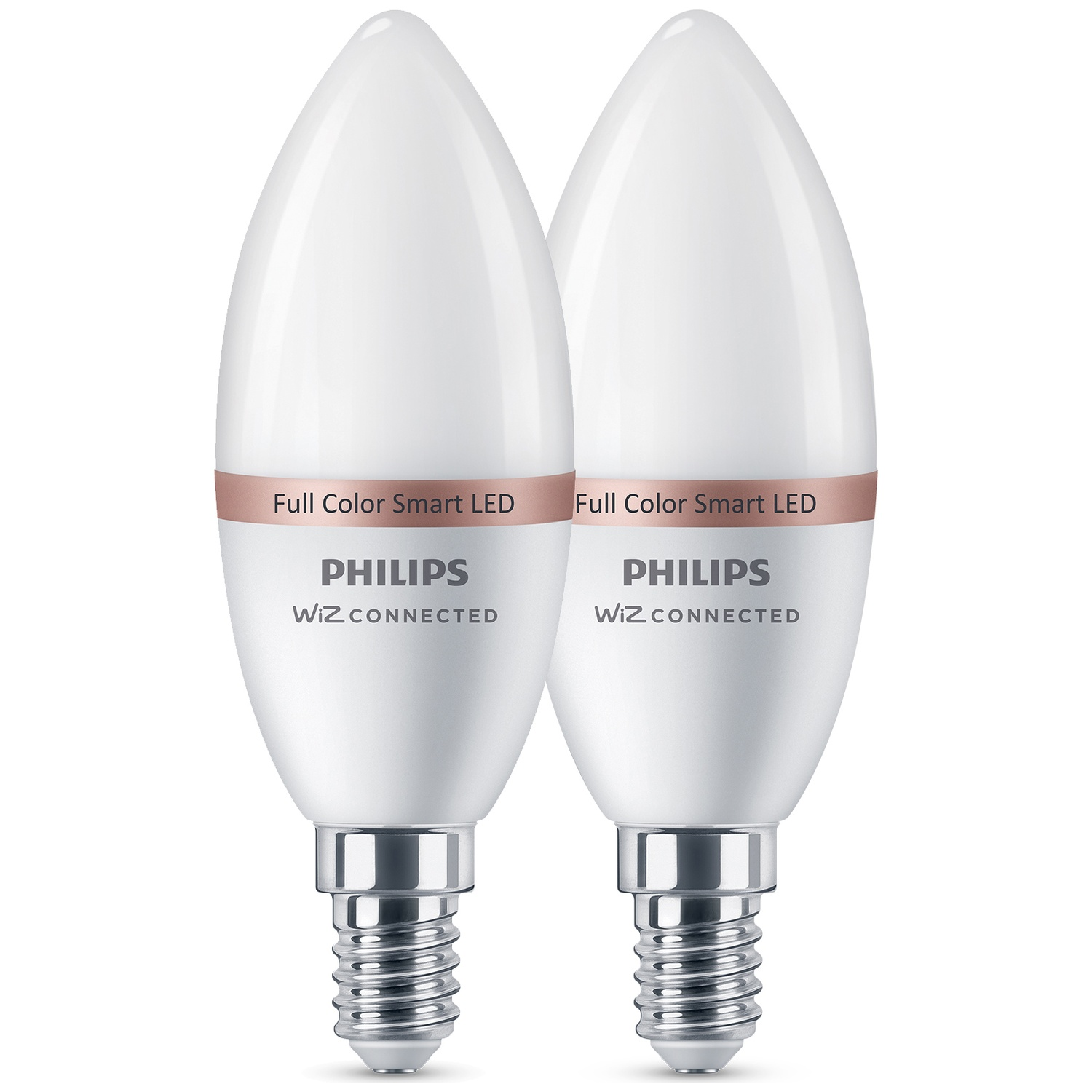 Twee witte Philips Wiz Connected Smart LED kaarslampen met schroefvoet.