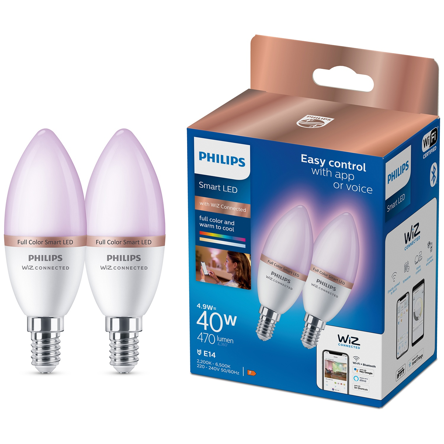 Twee Philips Smart LED kaarslampen naast een doos met productdetails.