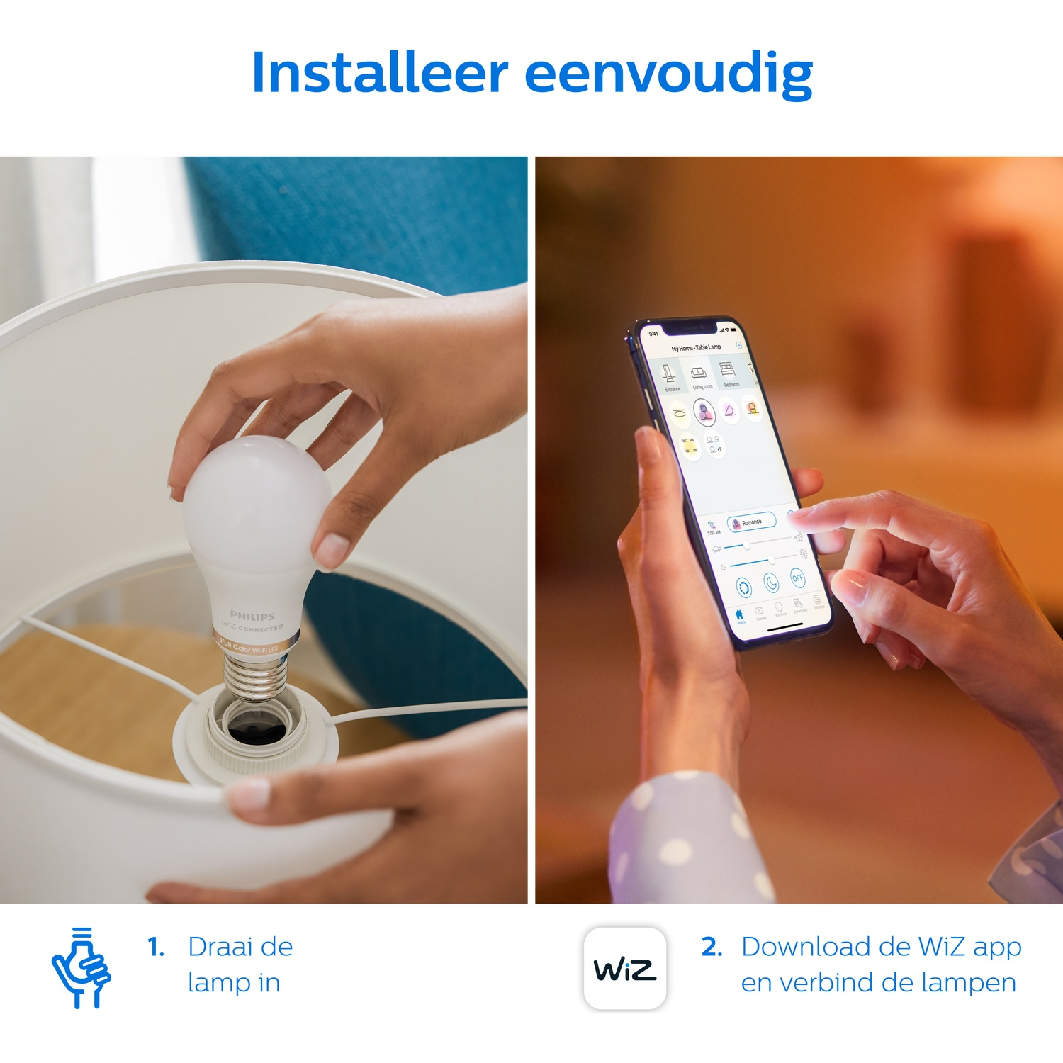 Une main visse une ampoule dans une lampe. Une autre main utilise une application sur smartphone.