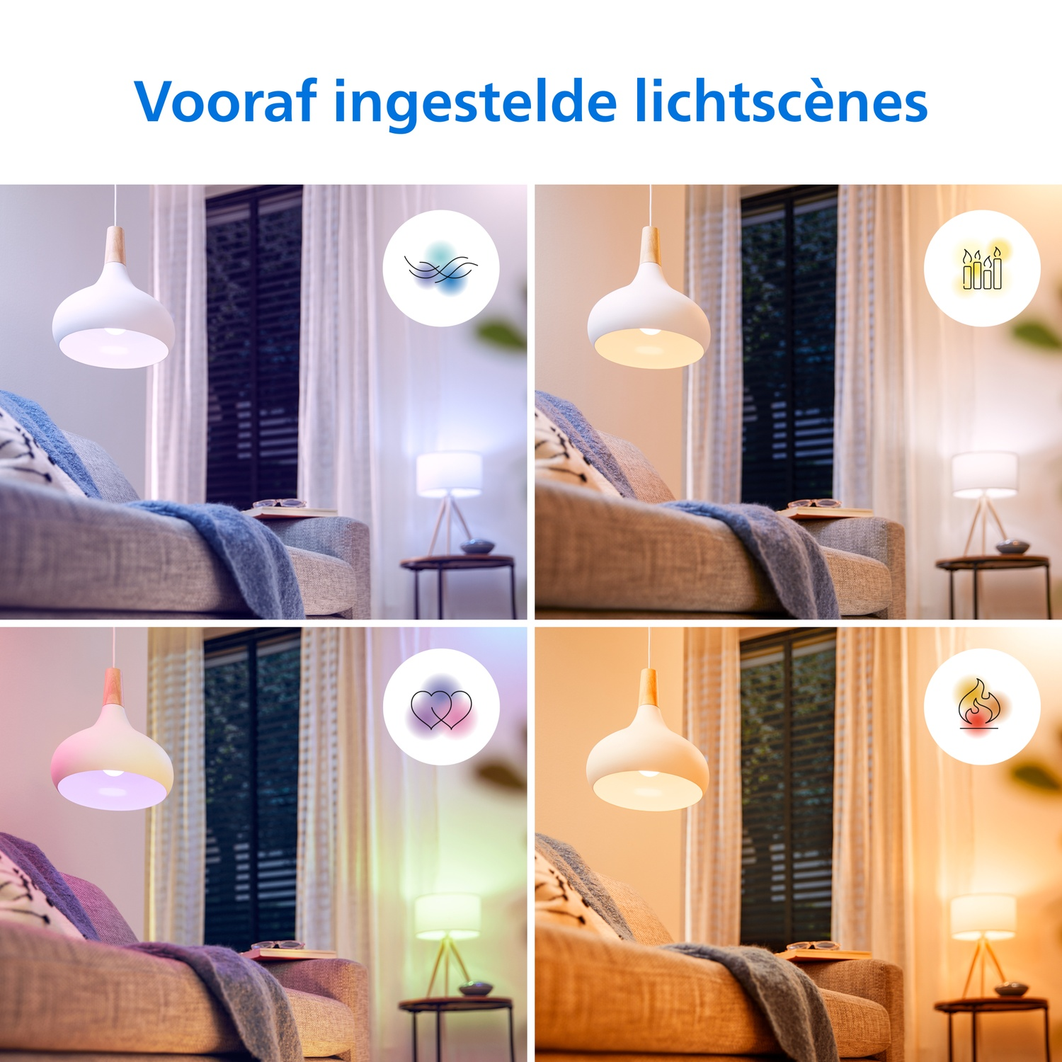 Quatre scènes lumineuses pour un salon avec canapé et lampe.