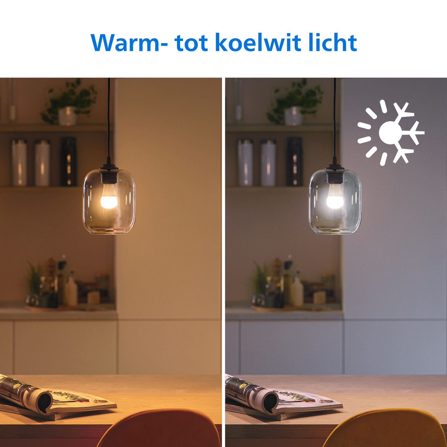 Deux images d'une suspension : lumière blanc chaud vs. blanc froid. Icône flocon de neige.