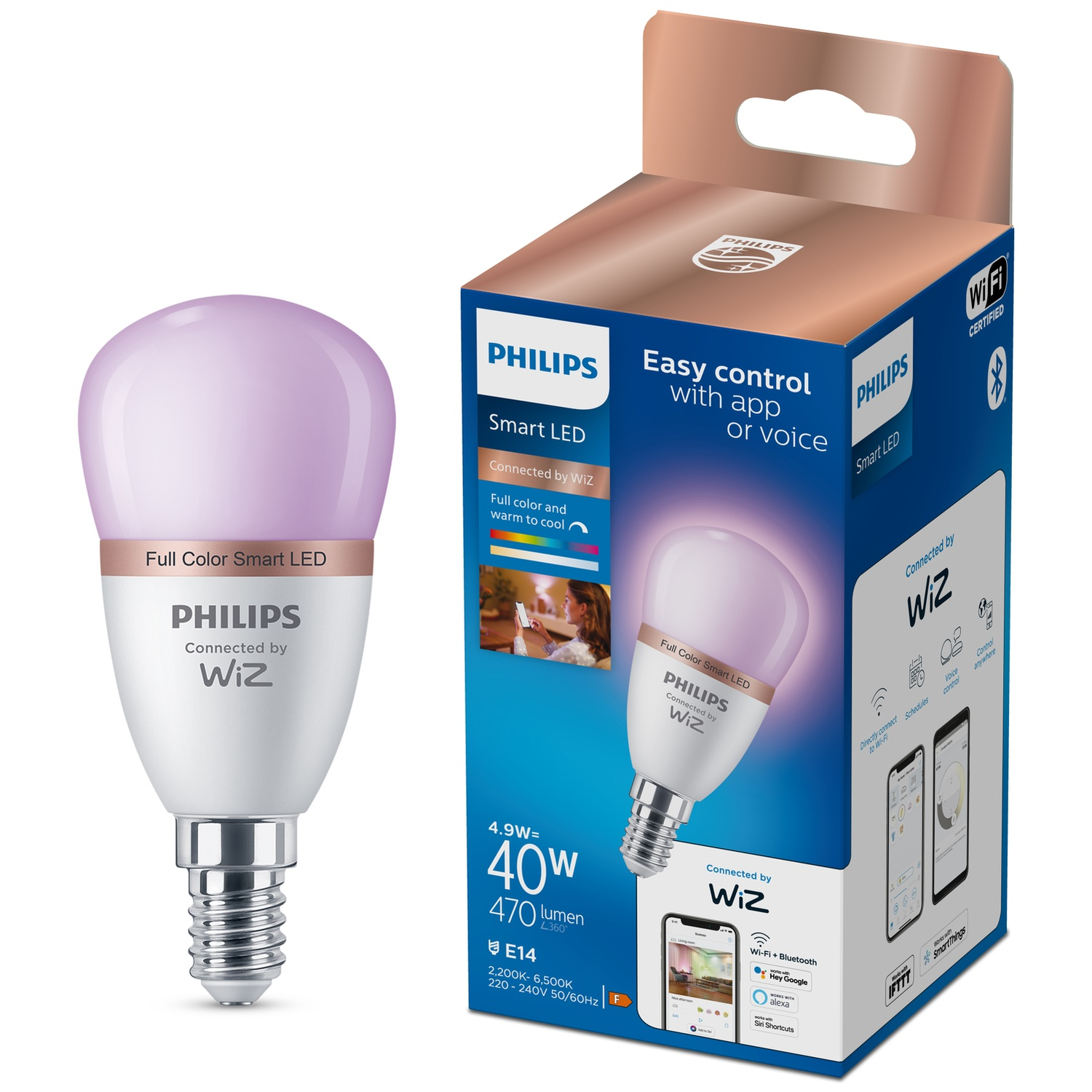 Ampoule LED intelligente Philips, lilas, avec emballage montrant le contrôle via application.