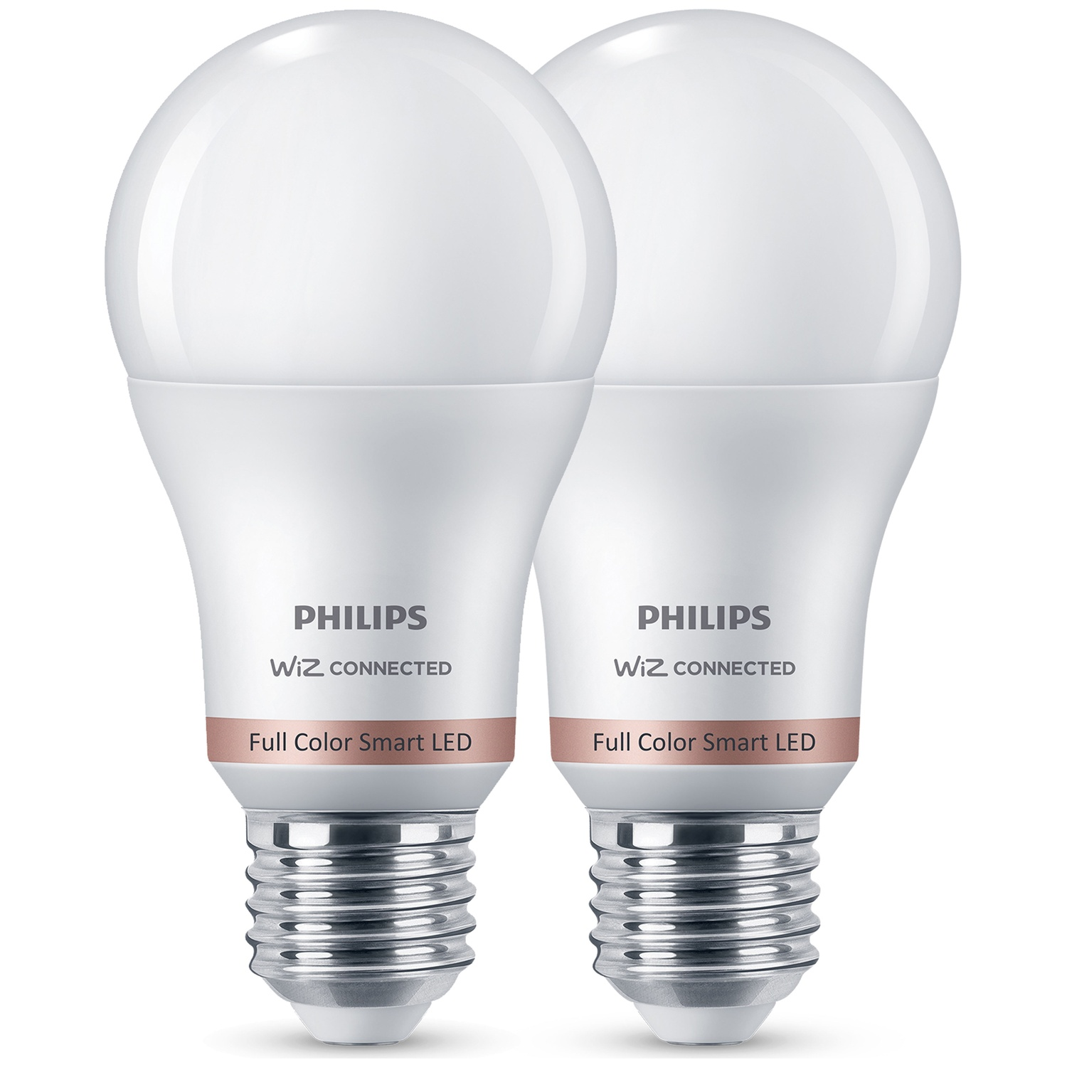 Deux ampoules LED intelligentes Philips Wiz Connected blanches à culot à vis.
