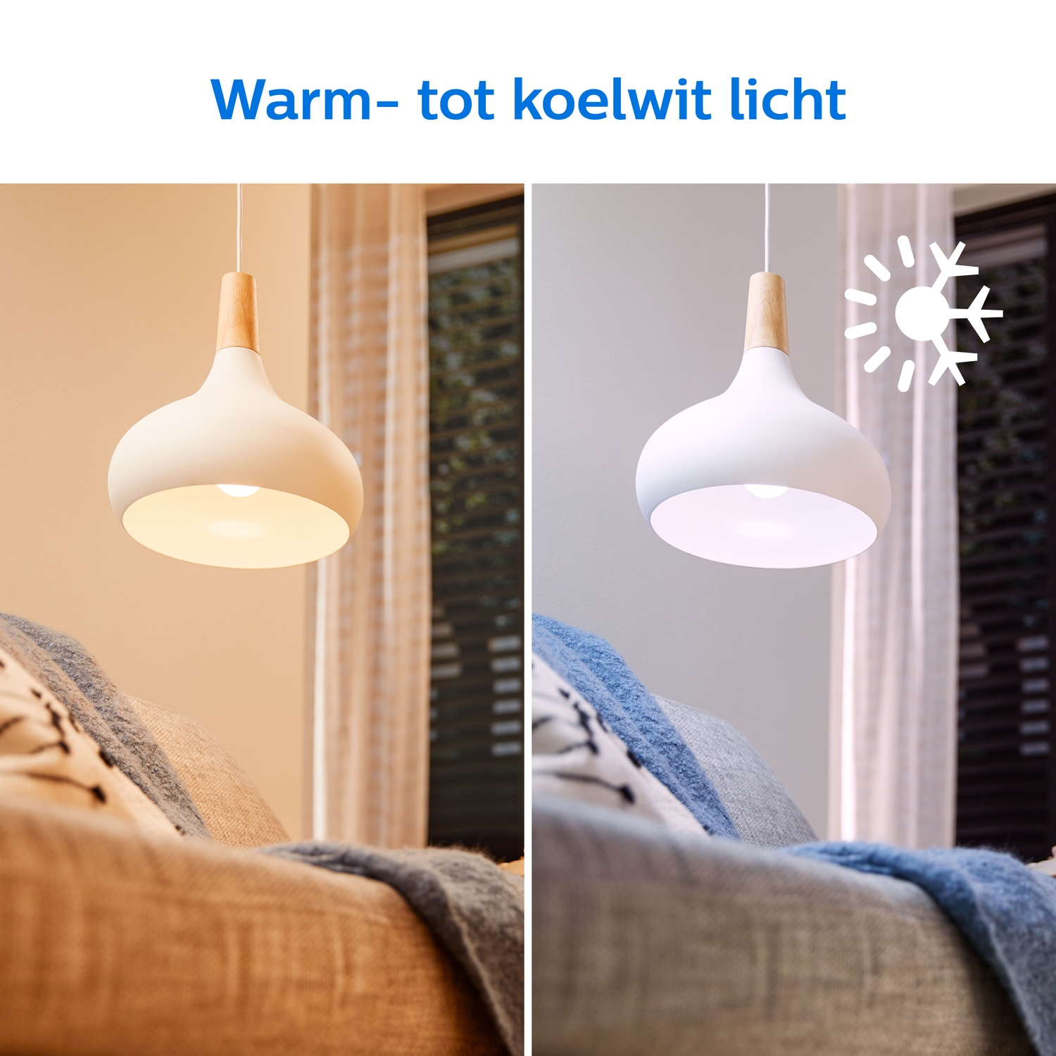 Lampe suspendue montrant une lumière blanc chaud à froid au-dessus d'un canapé.