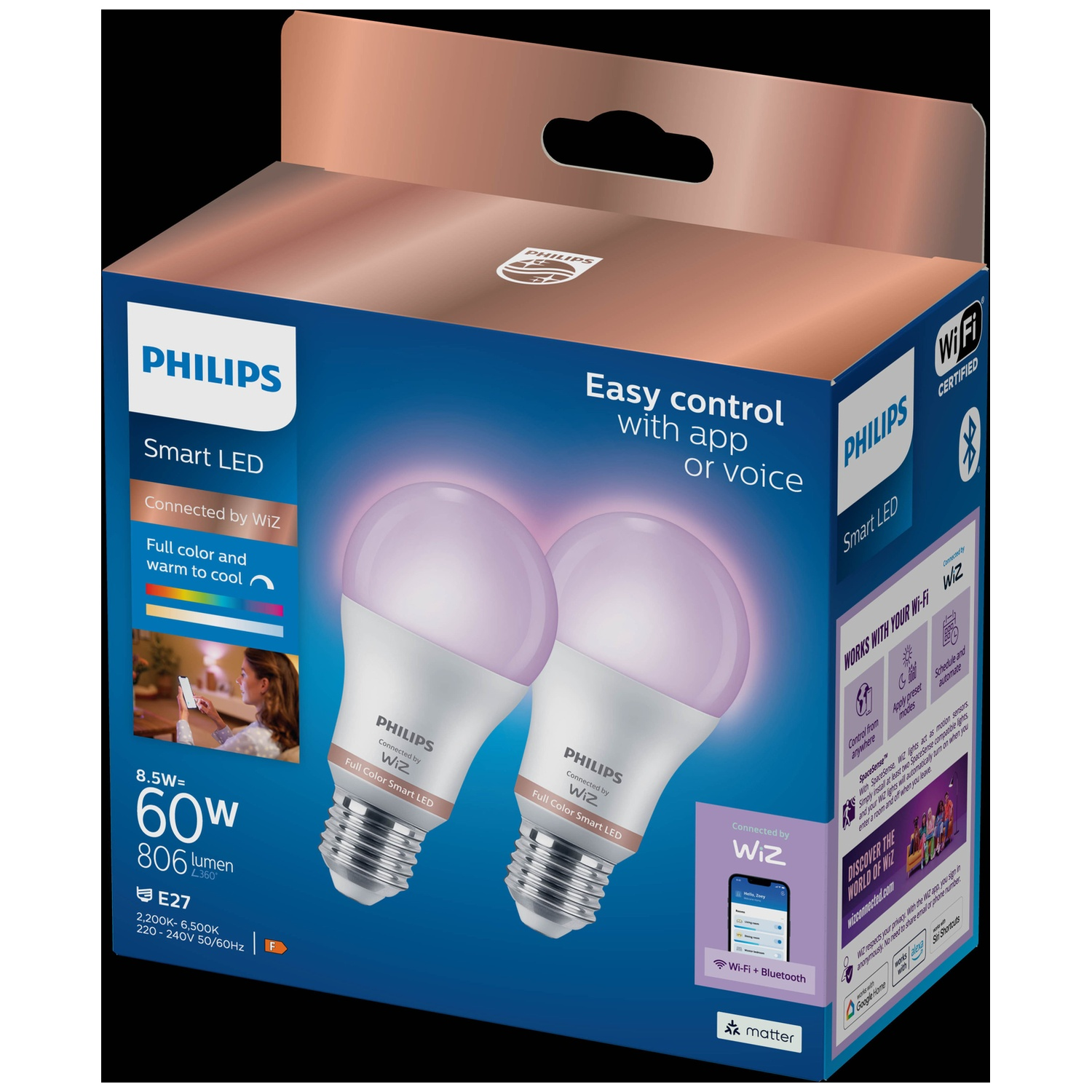Emballage ampoule Philips Smart LED, couleur, contrôlée par application/voix. Deux ampoules présentées.