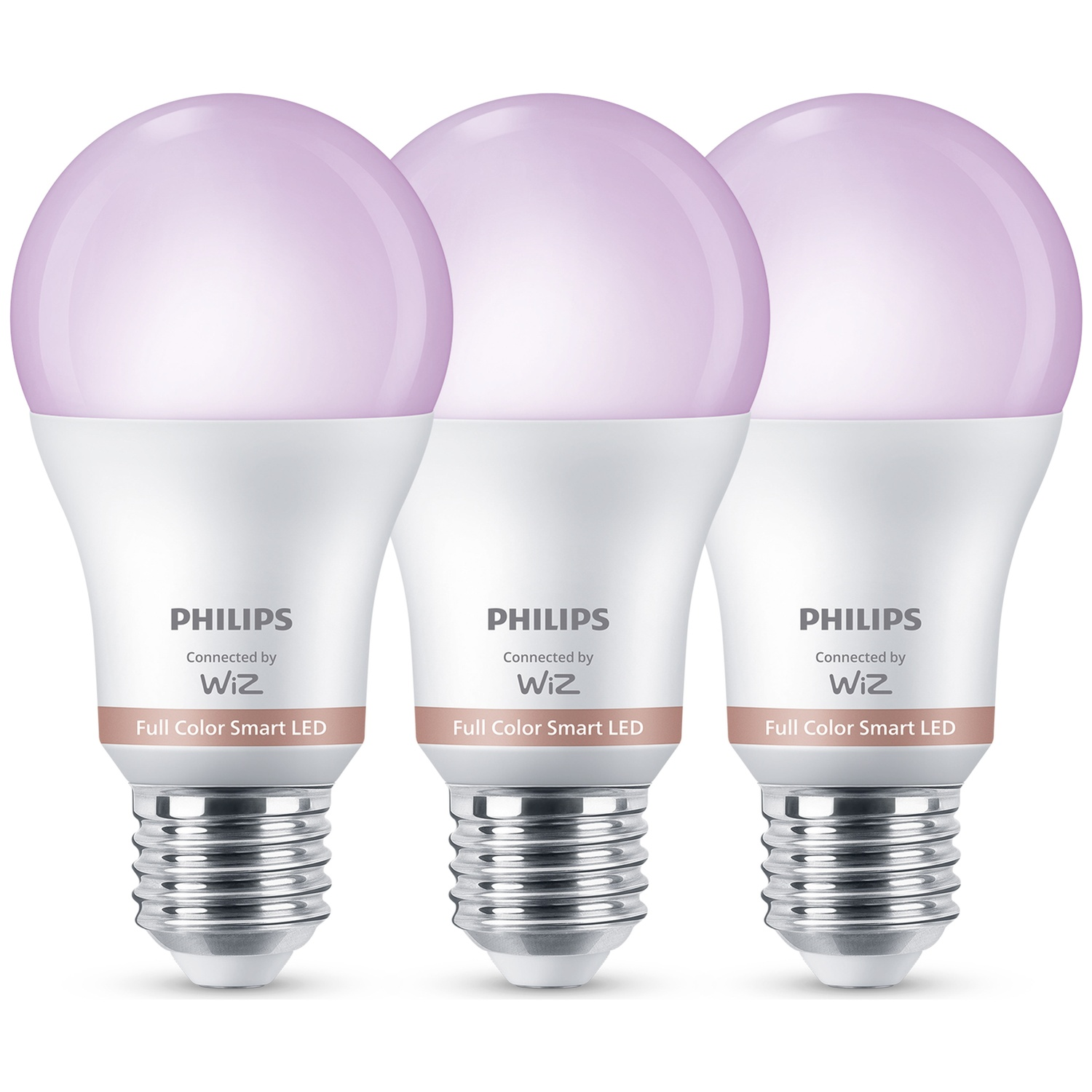 Trois ampoules LED intelligentes Philips émettant une lumière violette sur fond blanc.