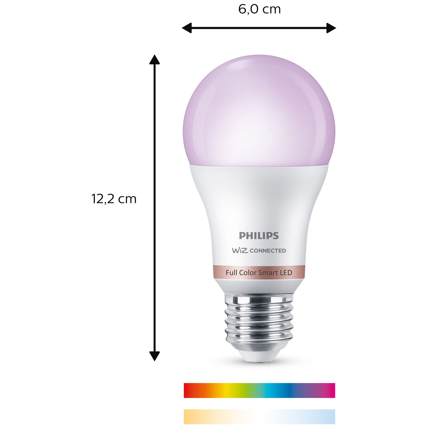 Une ampoule LED intelligente Philips Wiz Connected couleur, 12,2 cm de haut, 6,0 cm de large.