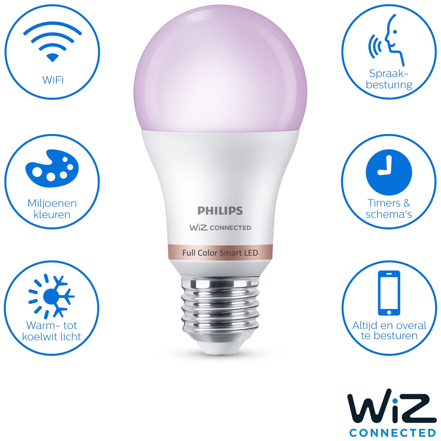 Une ampoule Philips Wiz Connected avec des fonctions telles que le WiFi, des millions de couleurs, des minuteries et la commande vocale.