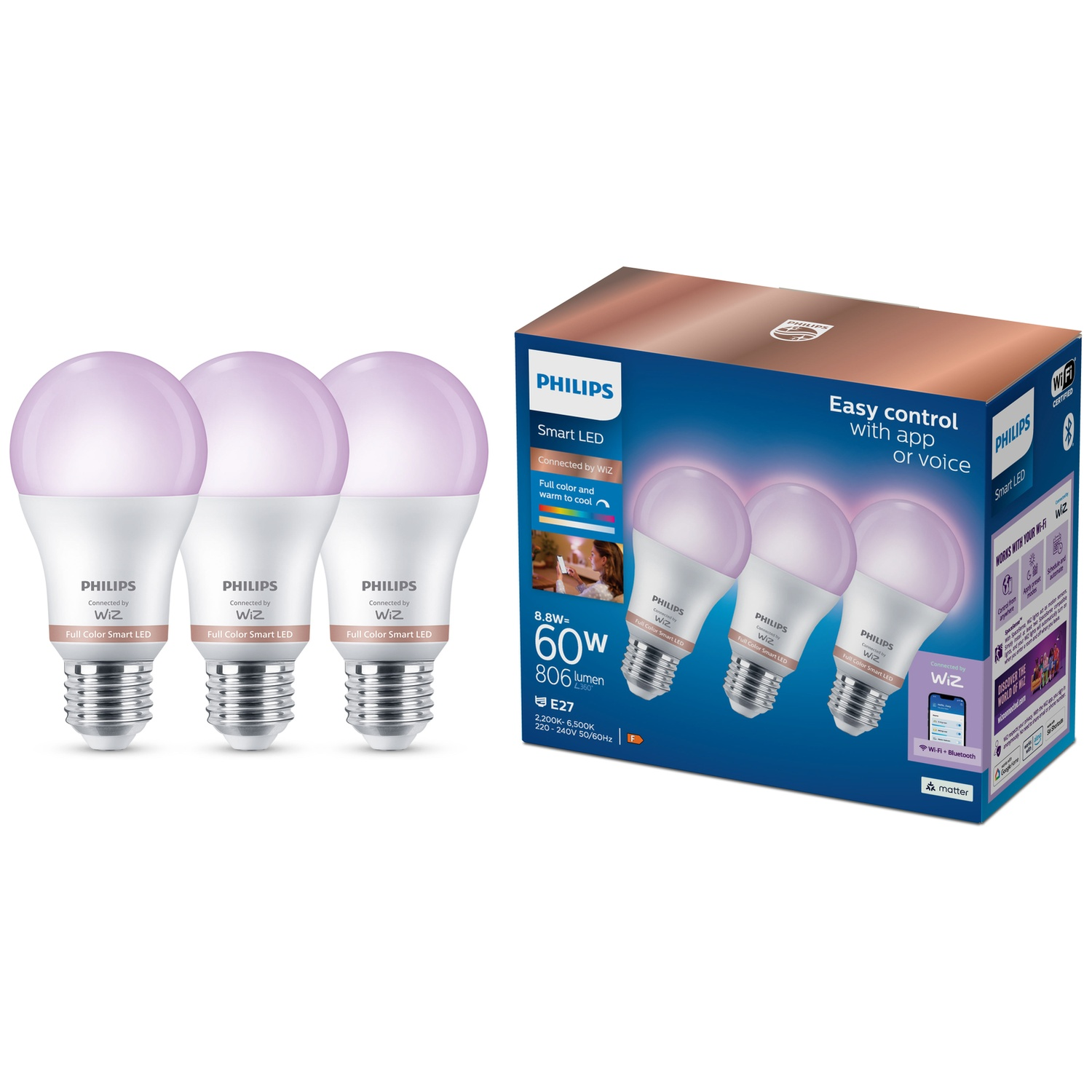 Trois ampoules LED intelligentes Philips Wiz et leur emballage sur fond blanc.