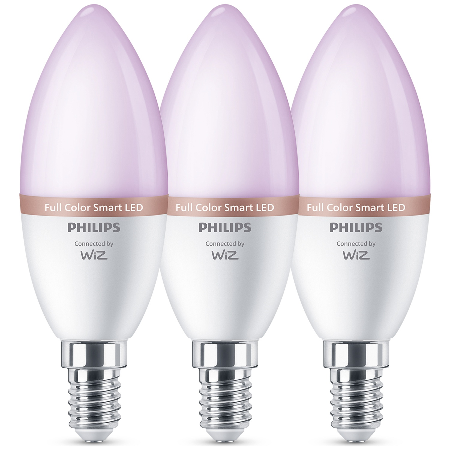 Drie Philips Smart LED kaarslampen met zilveren voet, roze verlicht.