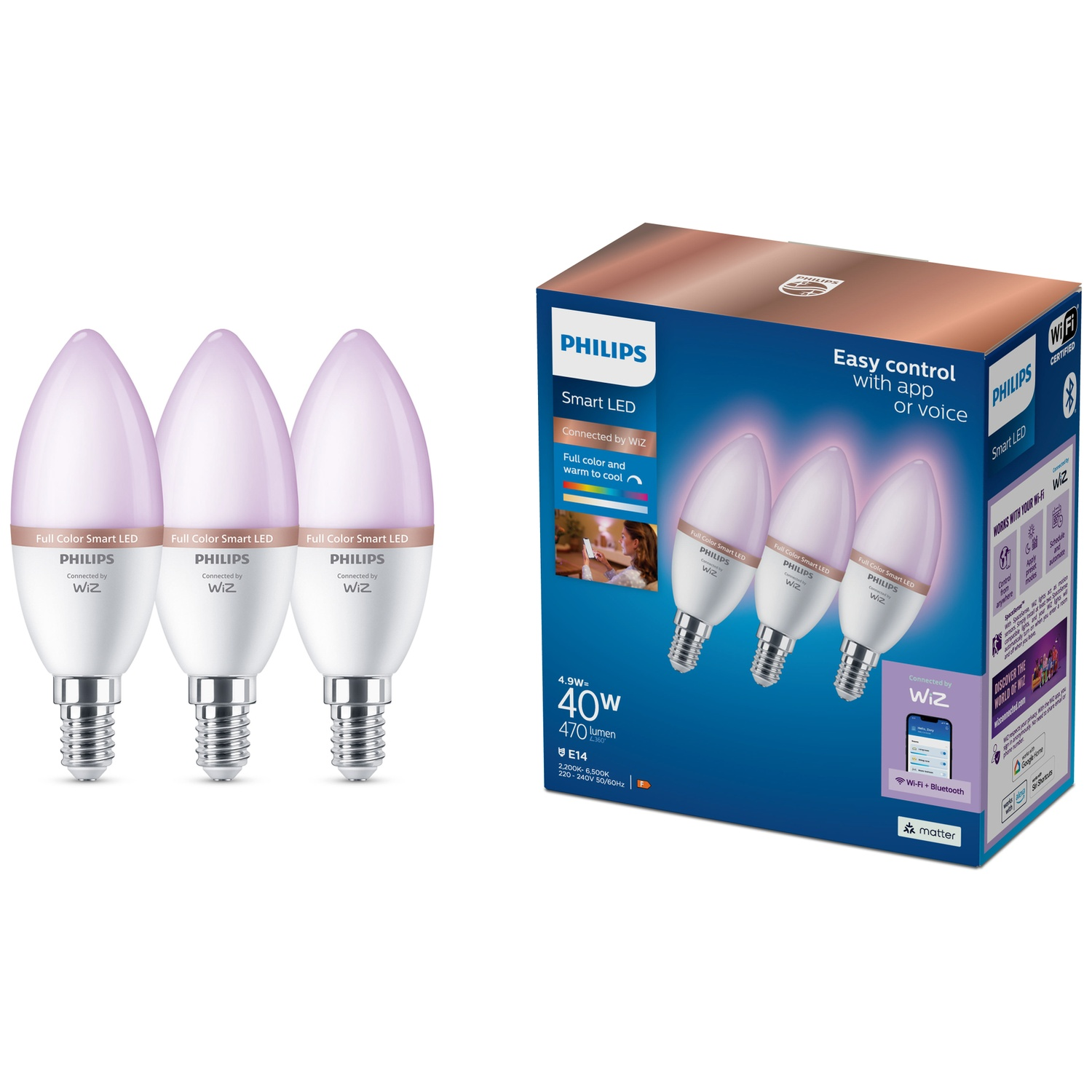 Drie Philips Smart LED kaarslampen en hun verpakking met de tekst 'Easy control with app or voice'.
