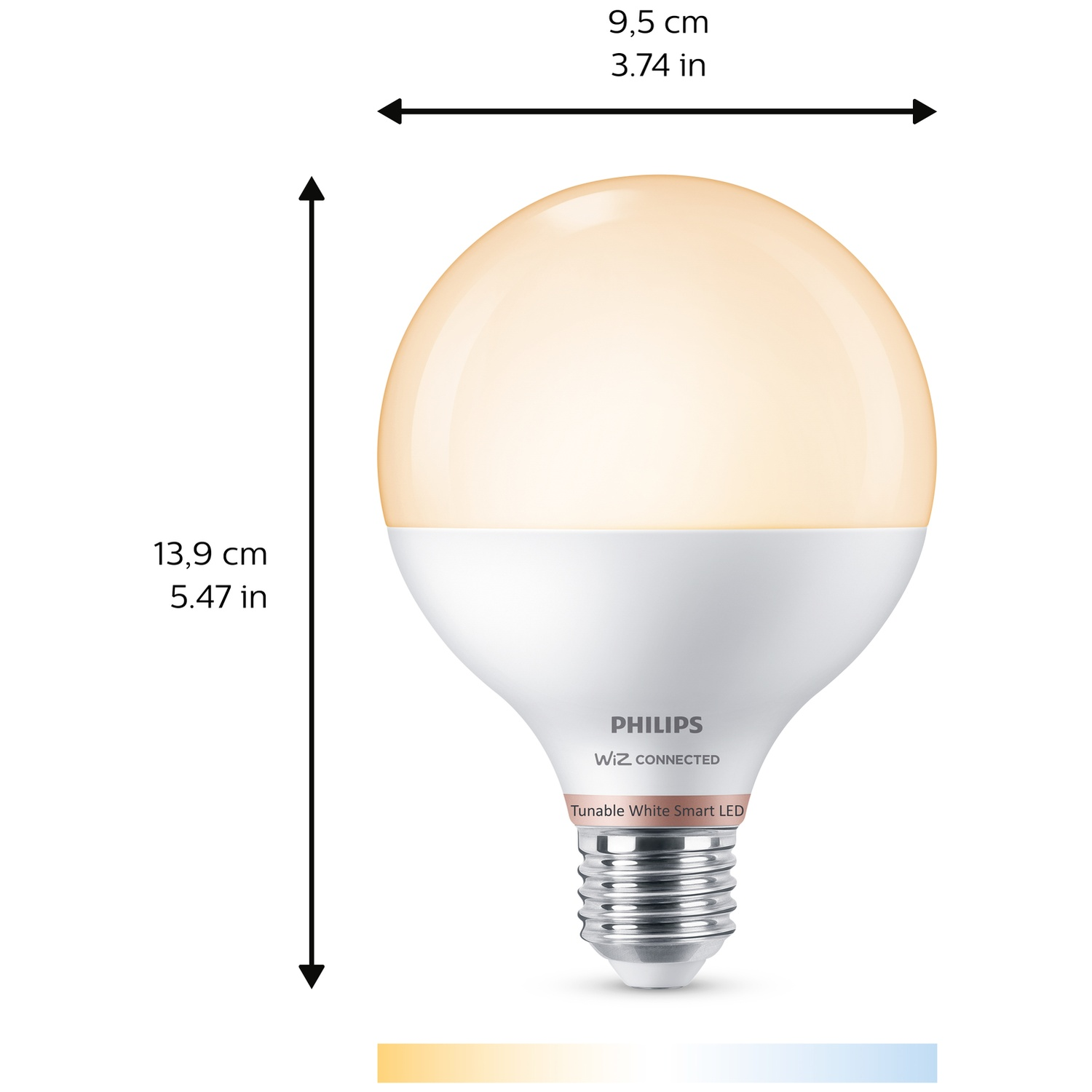 Philips Wiz Connected LED lamp, 13,9 cm hoog, 9,5 cm breed.