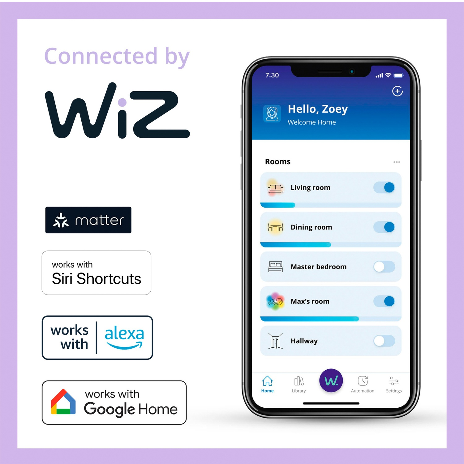 Een smartphone toont de Wiz app met kamers zoals Woonkamer en Eetkamer.