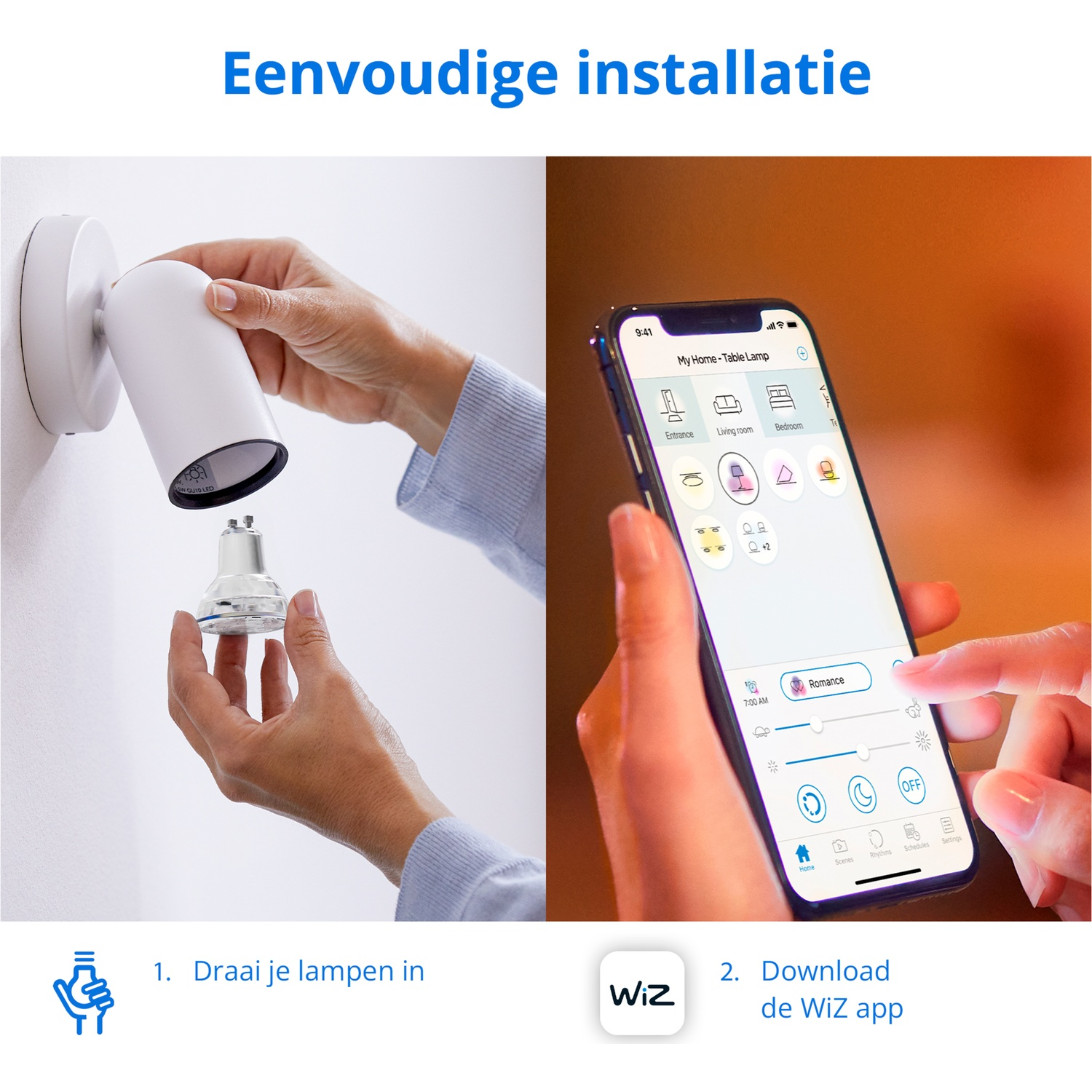 A hand screws a bulb into a lamp, another holds a smartphone with the Wiz app.