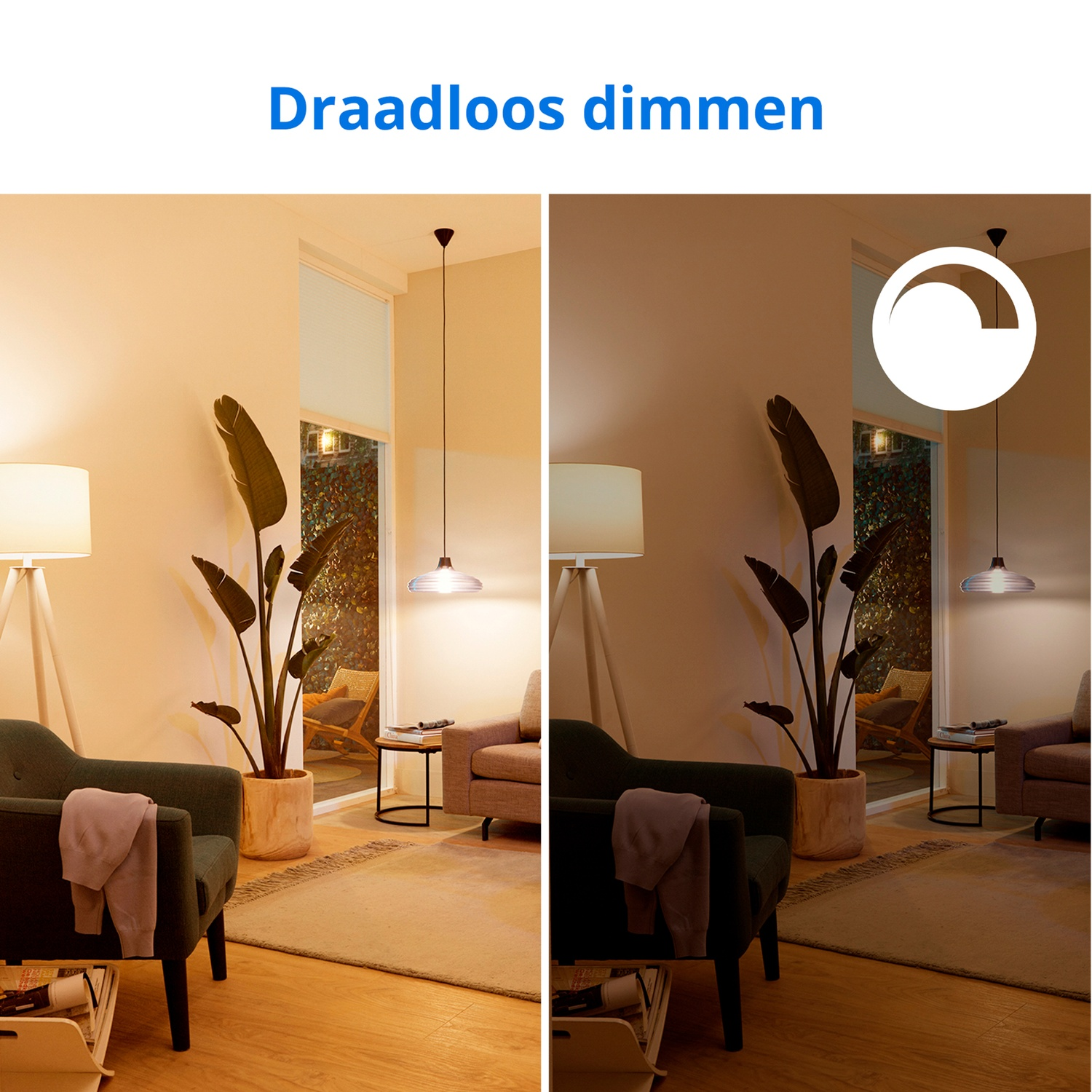 Two rooms: Left bright, right dimmed with light icon. Dark armchair.