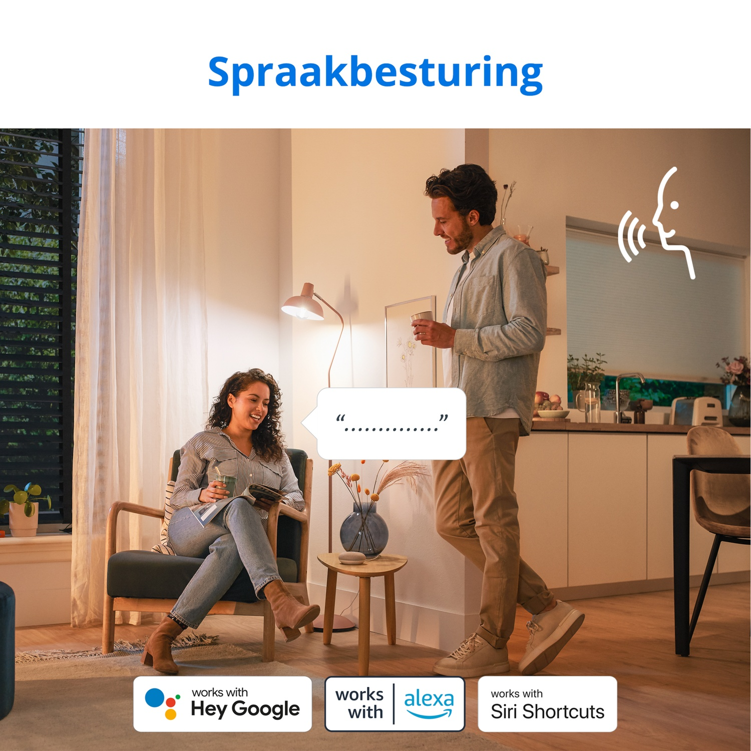 A man and woman talking in a living room, compatible with voice assistants.