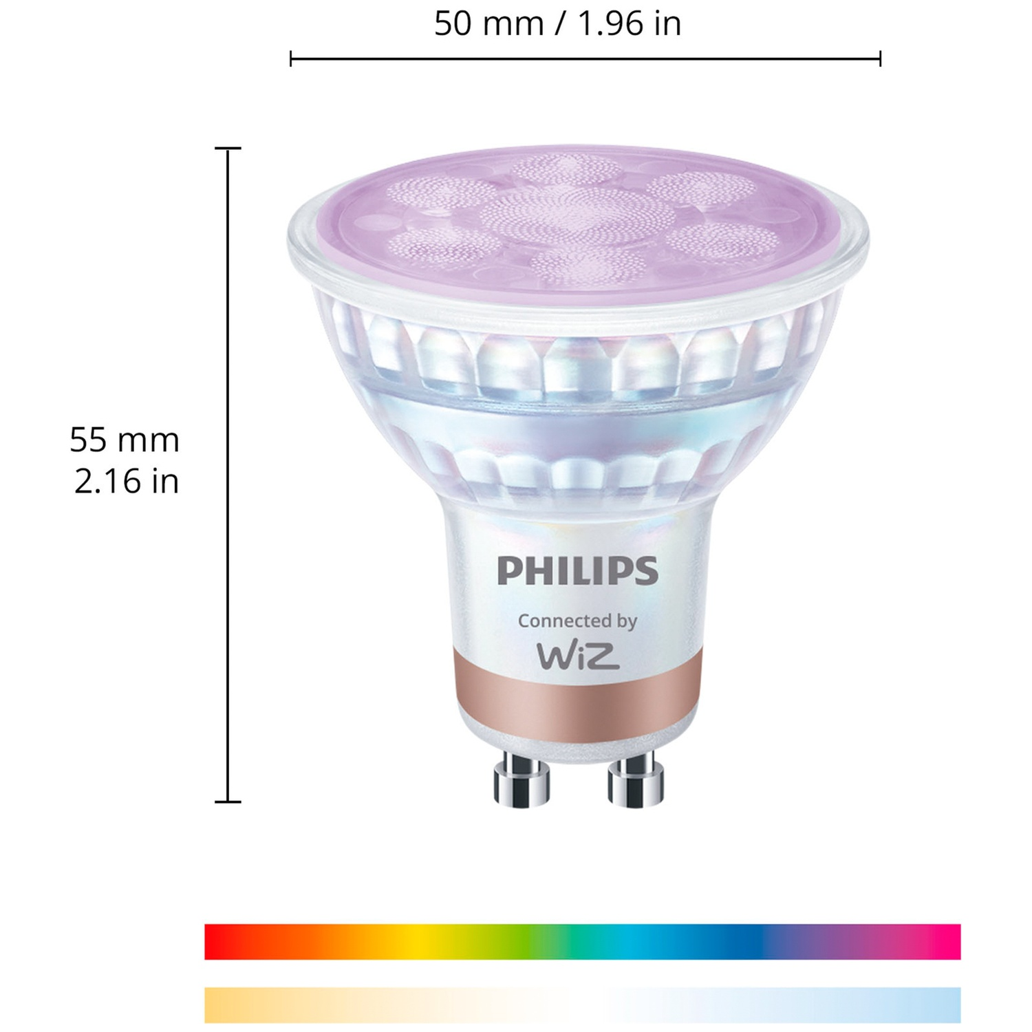 Philips Wiz LED bulb, 50mm wide, 55mm tall, shows color and brightness spectrum.